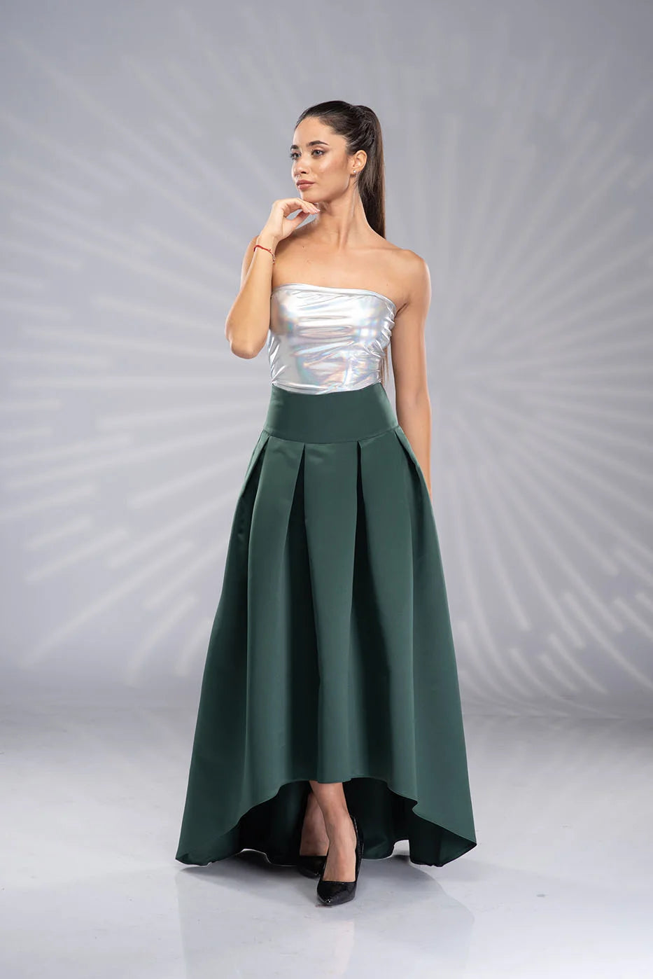 Green Satin Skirt - Long Formal High Waist