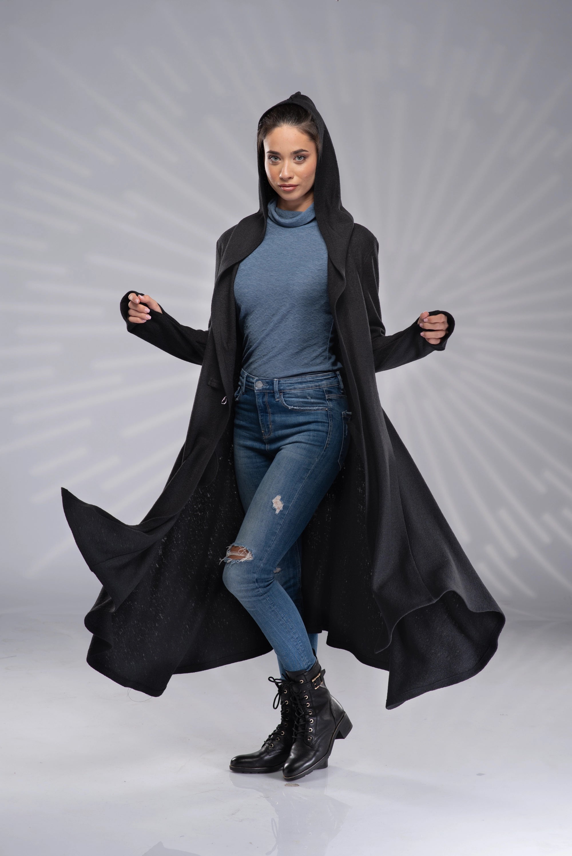 Long Hooded Cardigan Cloak with Hood - Maxi Gothic Sweater Jacket-Danellys-4.webp