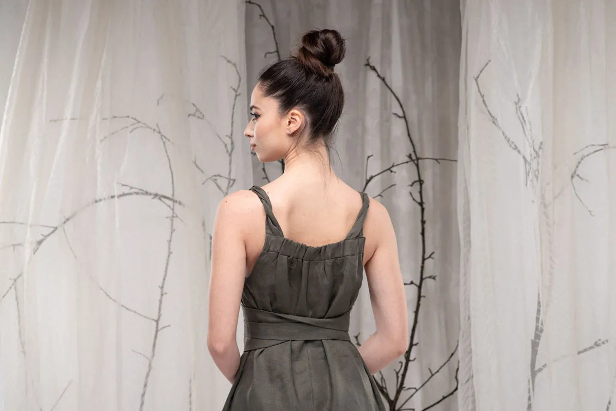 Khaki Long Flax Linen Dress with Obi Belt-Danellys-5.webp