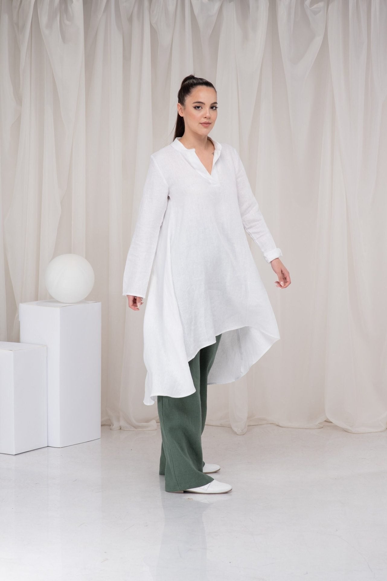White Long Linen Asymmetrical Tunic Top with Long Sleeves
