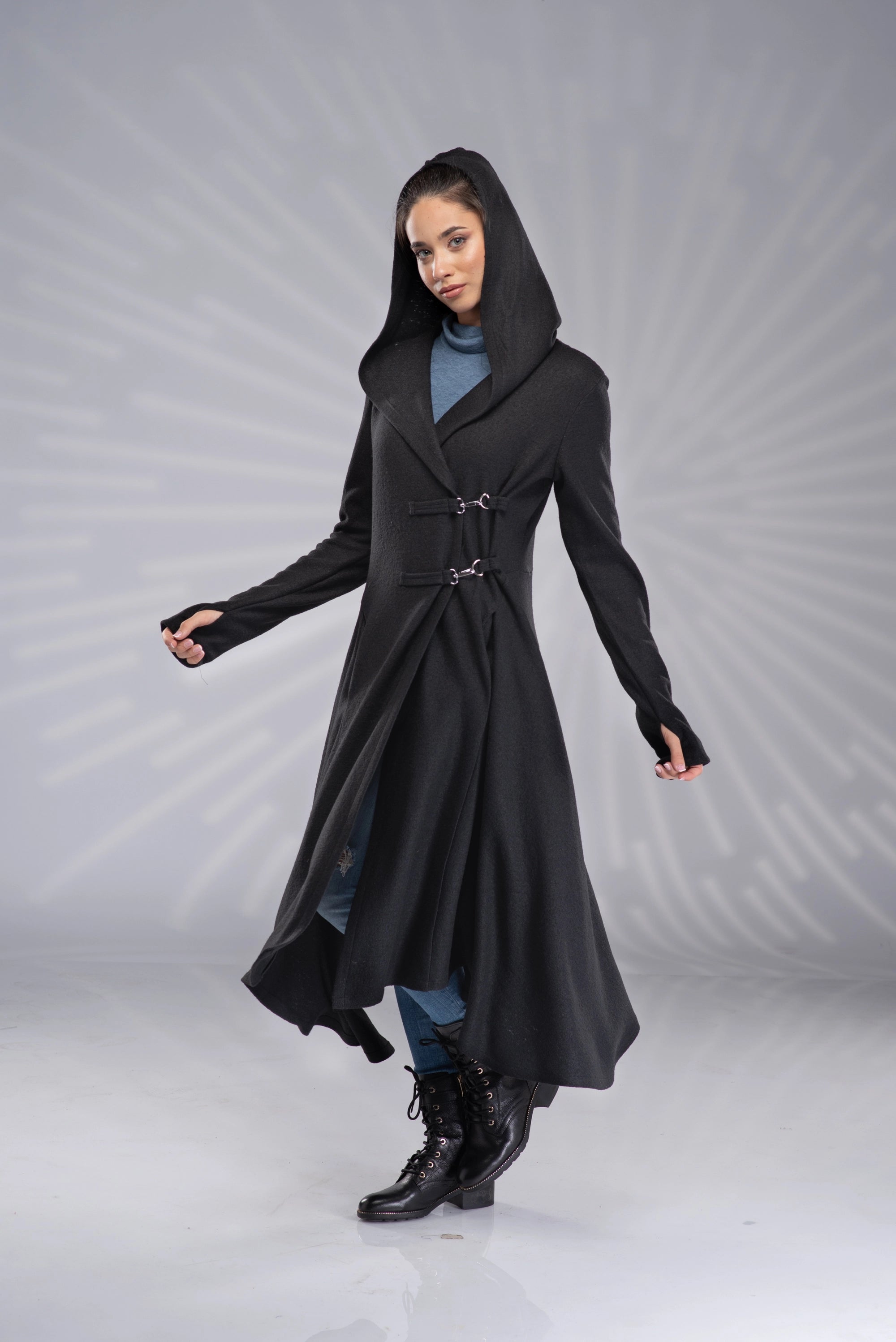 Long Hooded Cardigan Cloak with Hood - Maxi Gothic Sweater Jacket-Danellys-2.webp