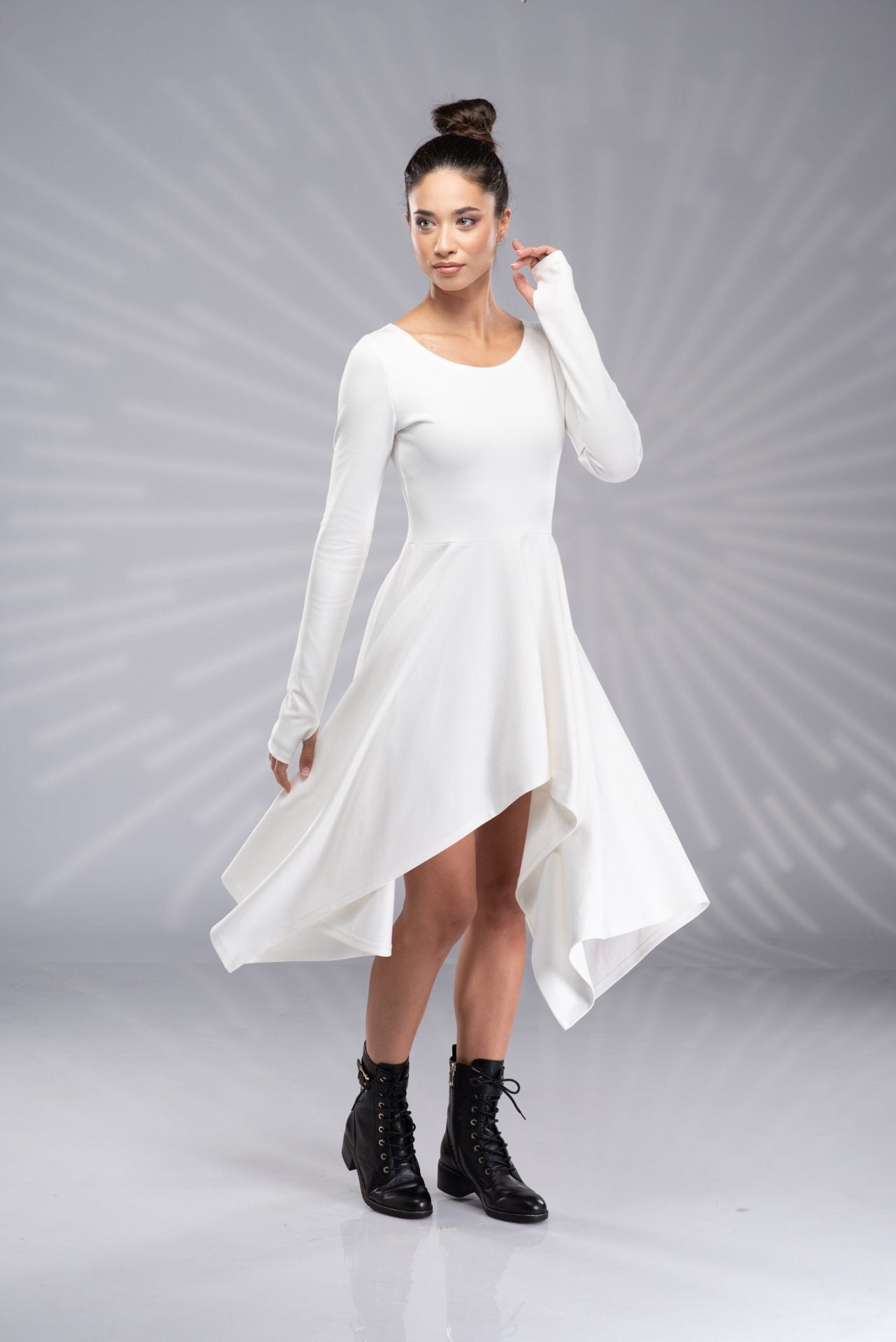 White Asymmetrical Fairy Elven Wedding Sexy Dress with Thumb Holes