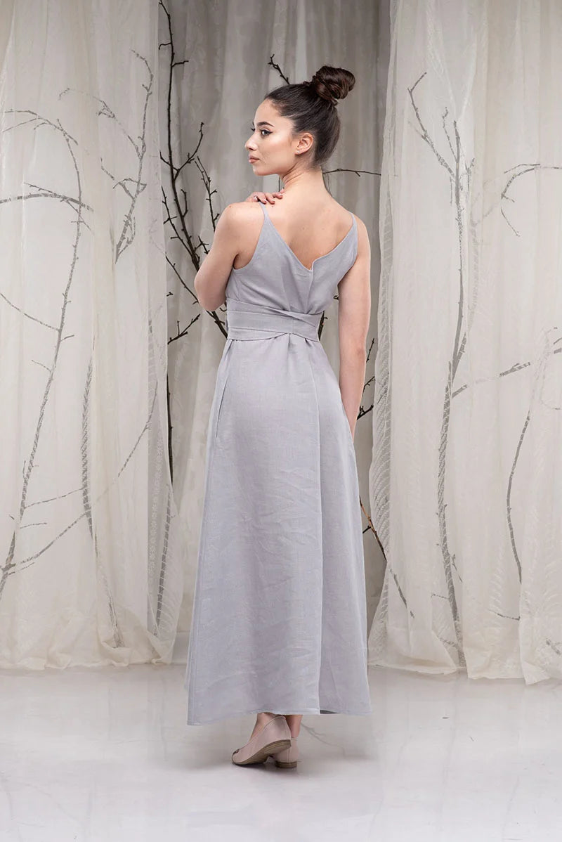 Long Linen Spaghetti Strap Dress with Obi Belt