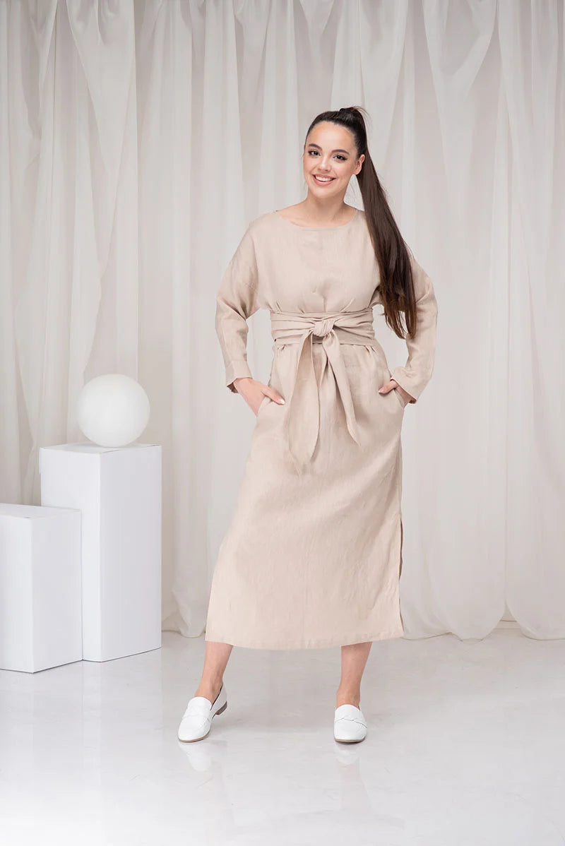 Linen Summer Dress with Long Sleeves and Side Slit