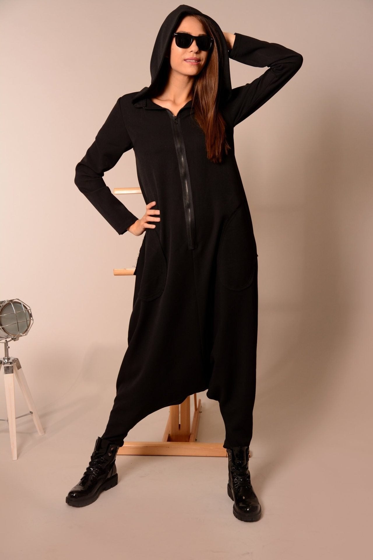 Black Plus Size Harem Hooded Maxi Romper