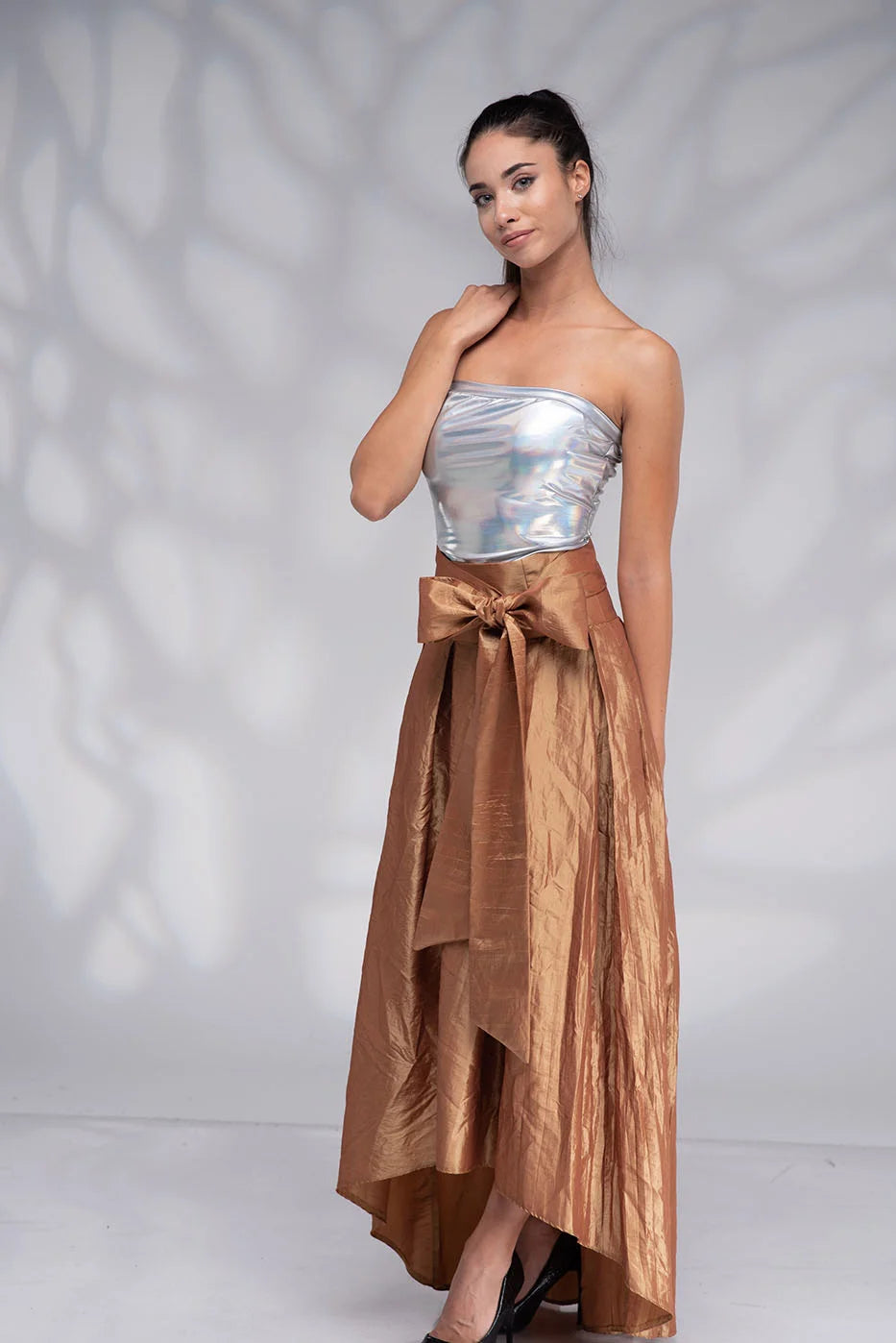 Long Gold Taffeta Skirt with Tie Sash Bow - Bridal High Low