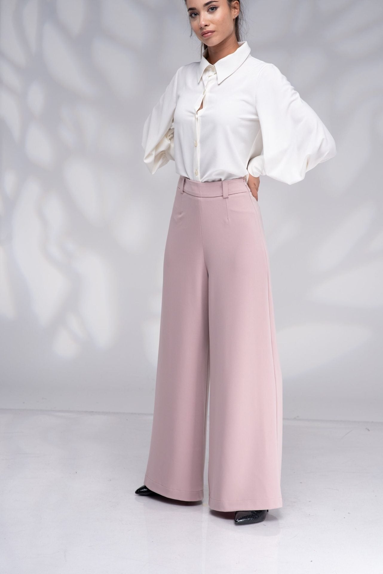 Wide Leg Palazzo High Waisted Flared Trousers with Side Zipper