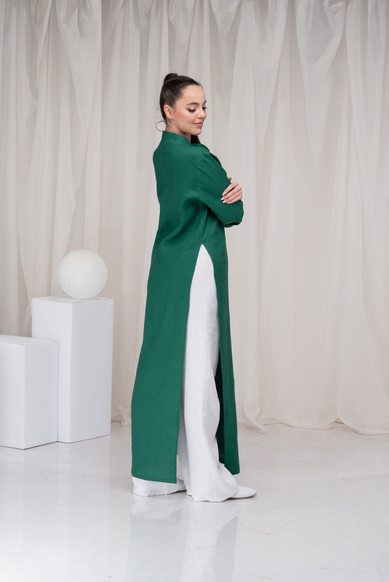 Maxi Linen Long Sleeve Shirt Dress with Side Slit