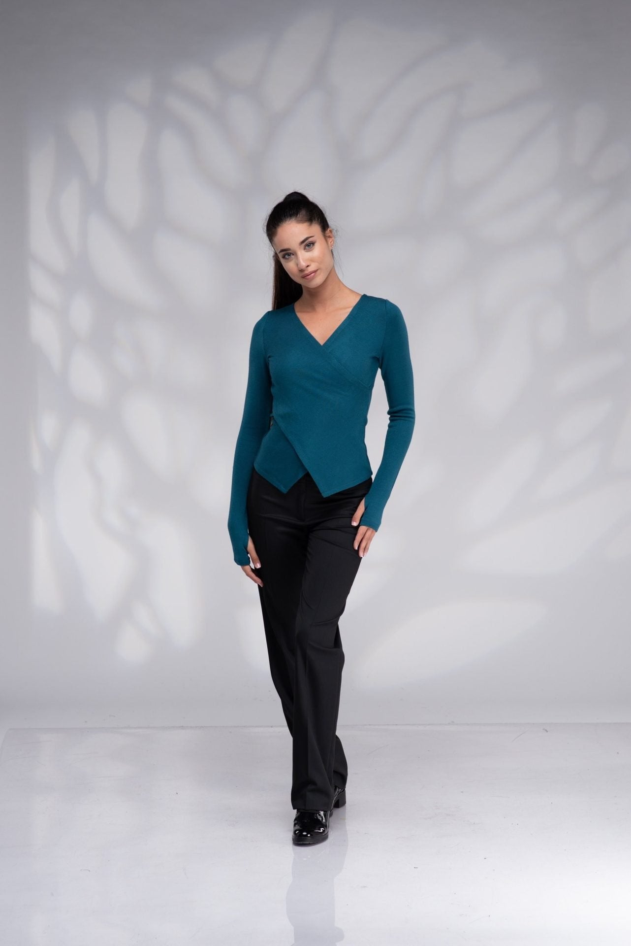 Wool Fitted Wrap Teal Blue Sweater with Thumb Holes