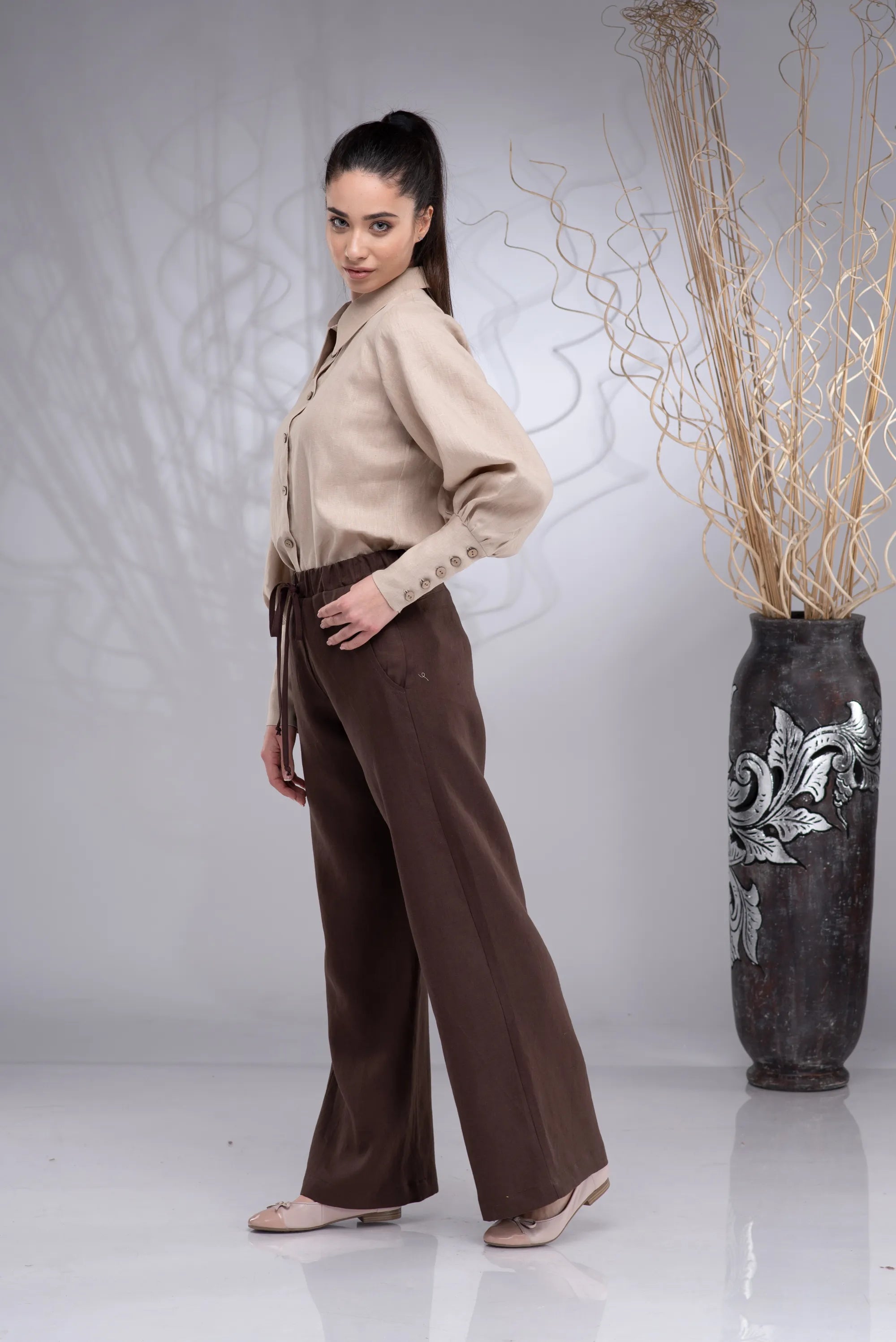 Linen Edwardian Button Up Collared Puff Sleeve Blouse-Danellys-5.webp