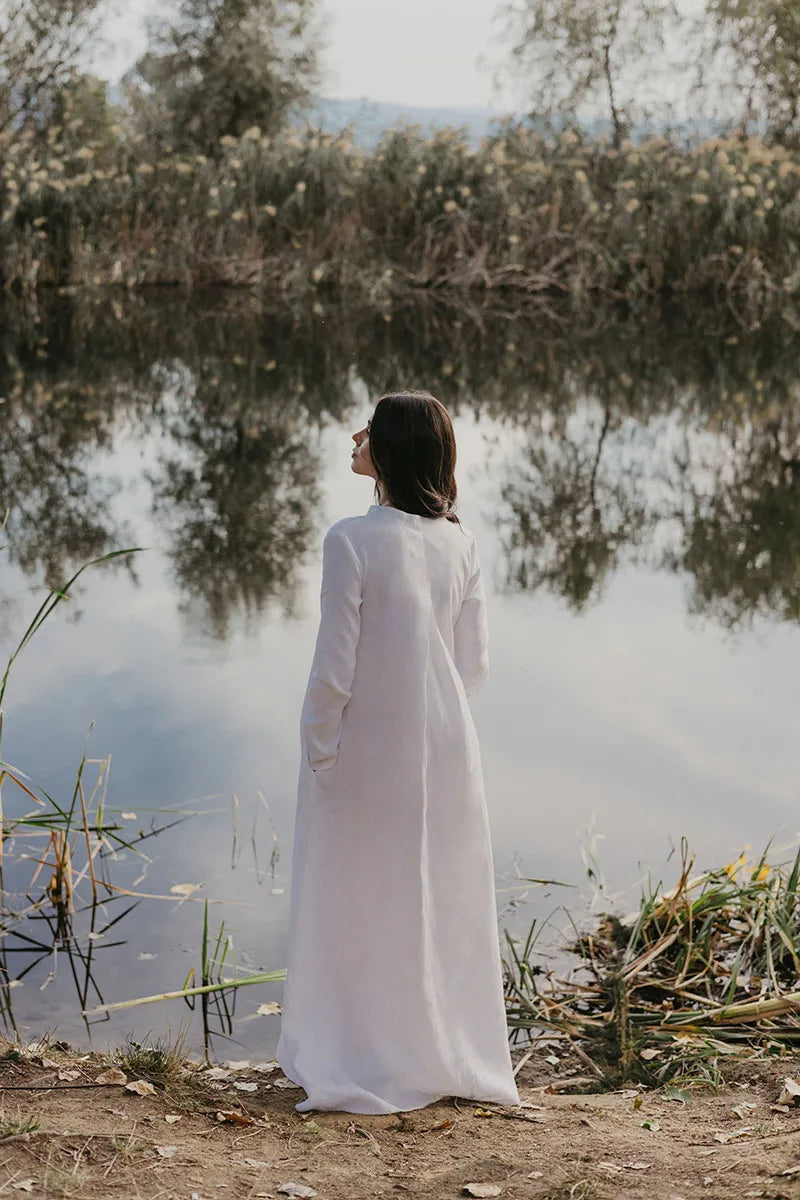 White Linen Kaftan Dress Women - Long Sleeve and V Neckline-Danellys-4.webp