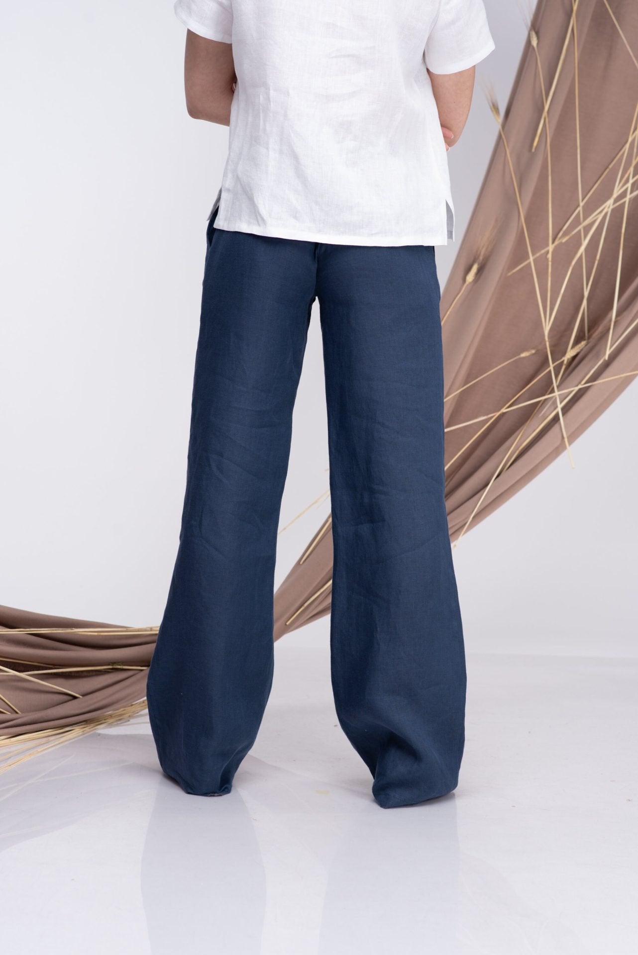 Linen Wide Leg Palazzo Trousers with Elastic Waist