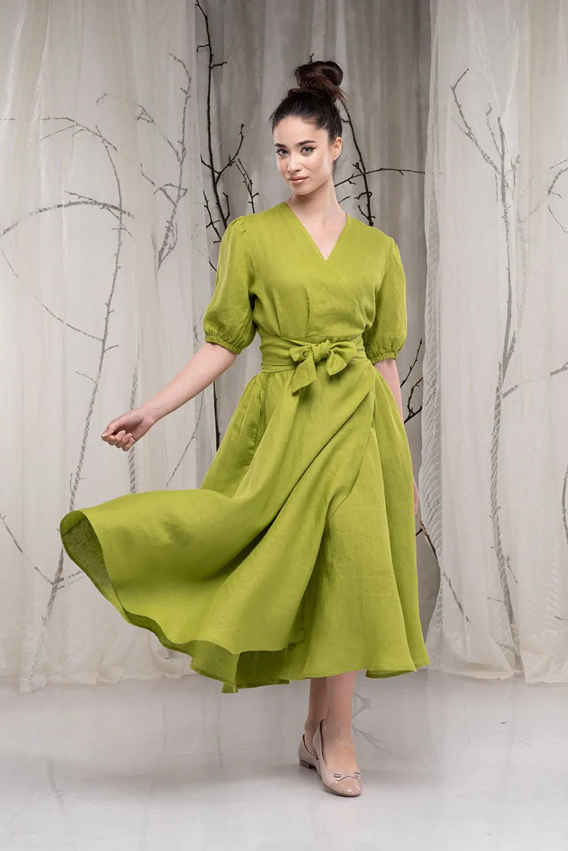 Long Linen Wrap Puffy Sleeve Flare Summer Dress