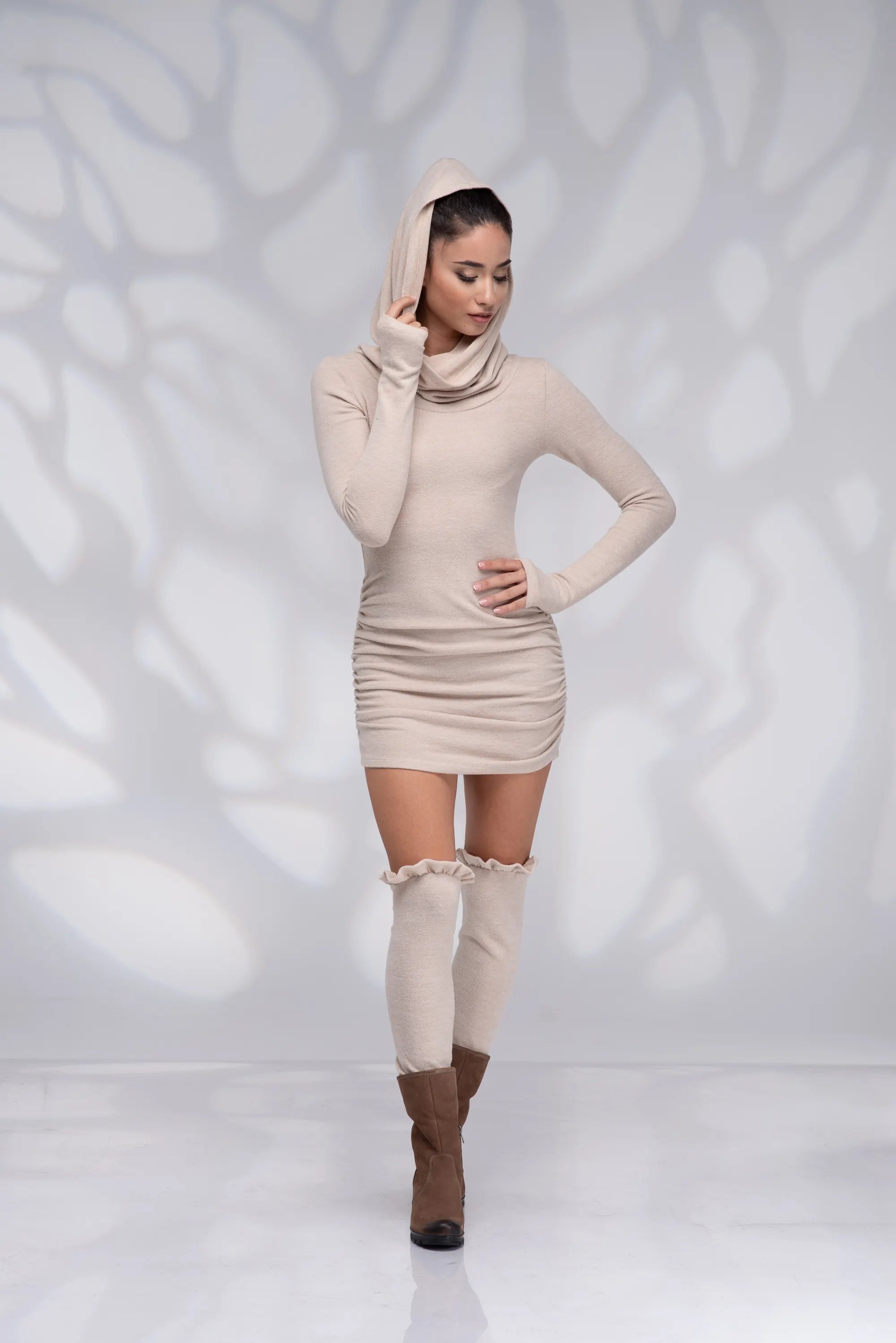 Winter Mini Hooded Sexy Sweater Dress with Cowl Hood-Danellys.webp