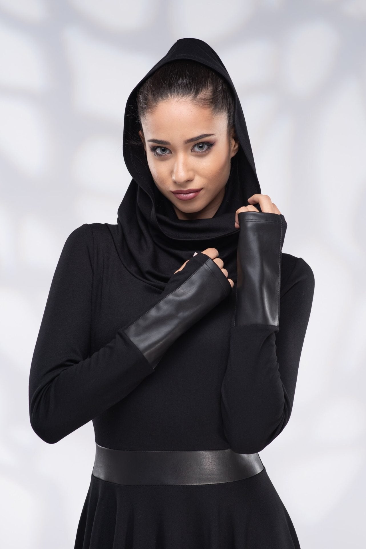 Black Winter Pixie Wool Dress with Cowl Hood