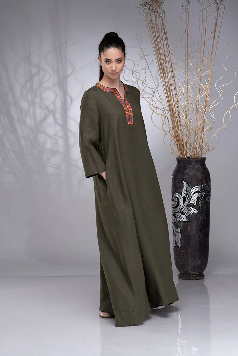 Boho Linen Kaftan Maxi Embroidered Abaya Dress