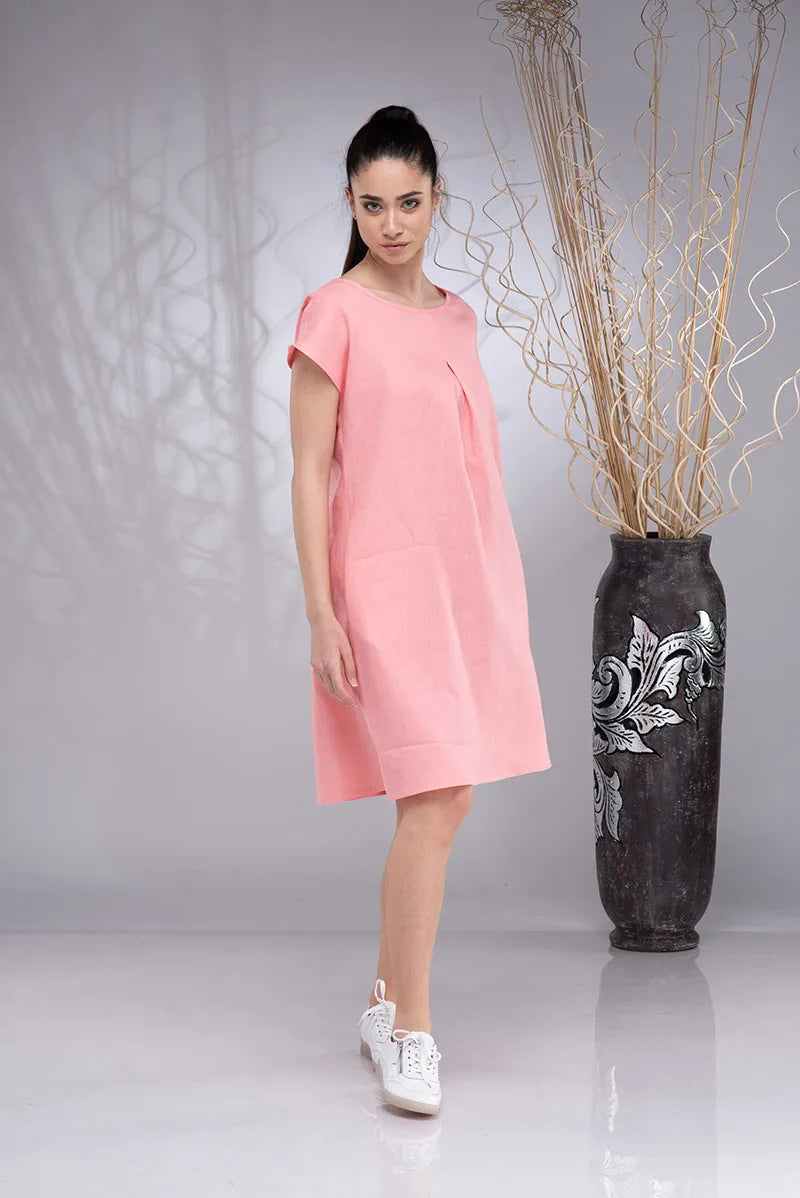 Linen Short Sleeve Knee-Length Boho Summer A-line Dress