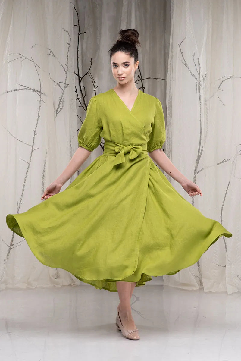 Long Linen Wrap Puffy Sleeve Flare Summer Dress