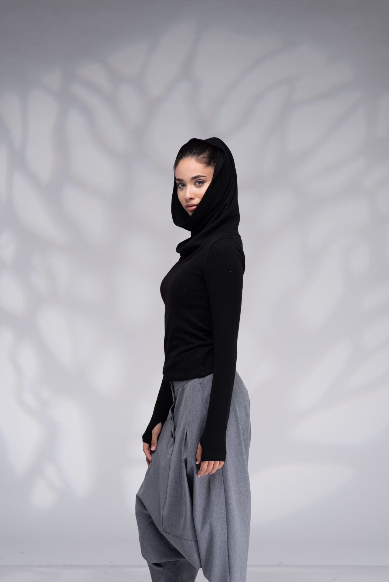 Black Cowl Hood Winter Sweater with Thumb Holes