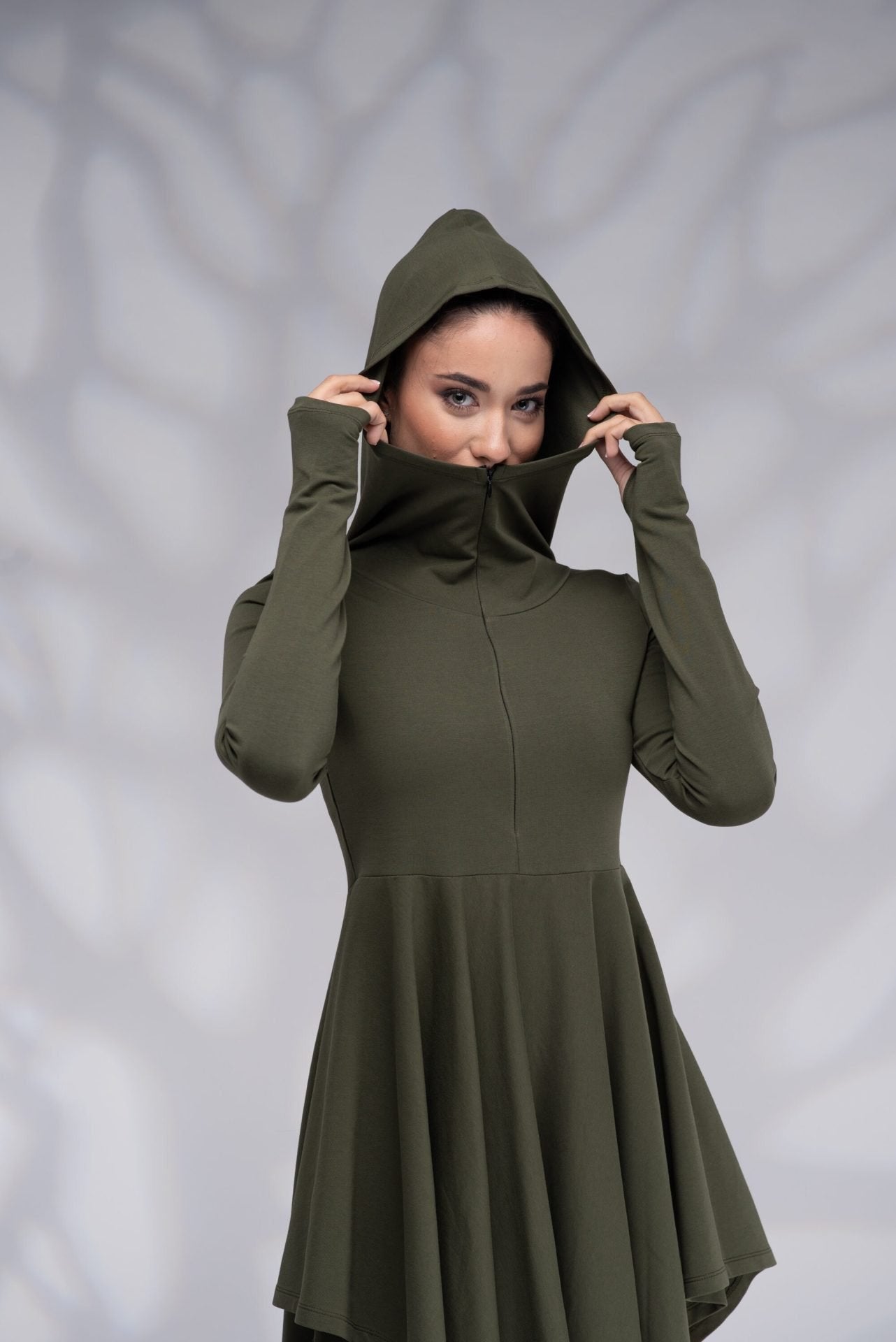 Hooded Winter Asymmetrical Dress with Thumb Holes