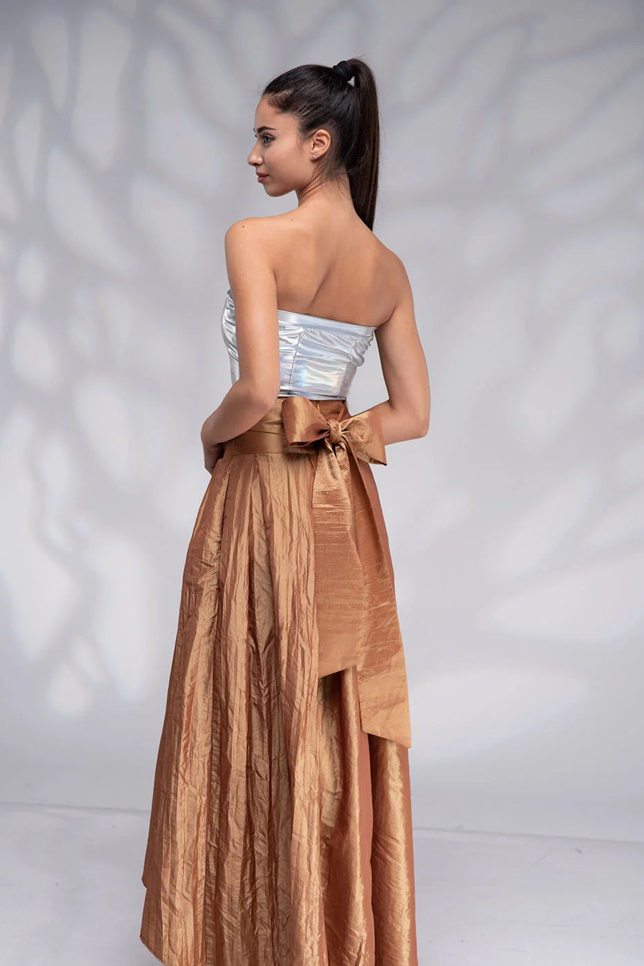 Long Navy Blue Taffeta Skirt with Tie Sash Bow - Formal High Low