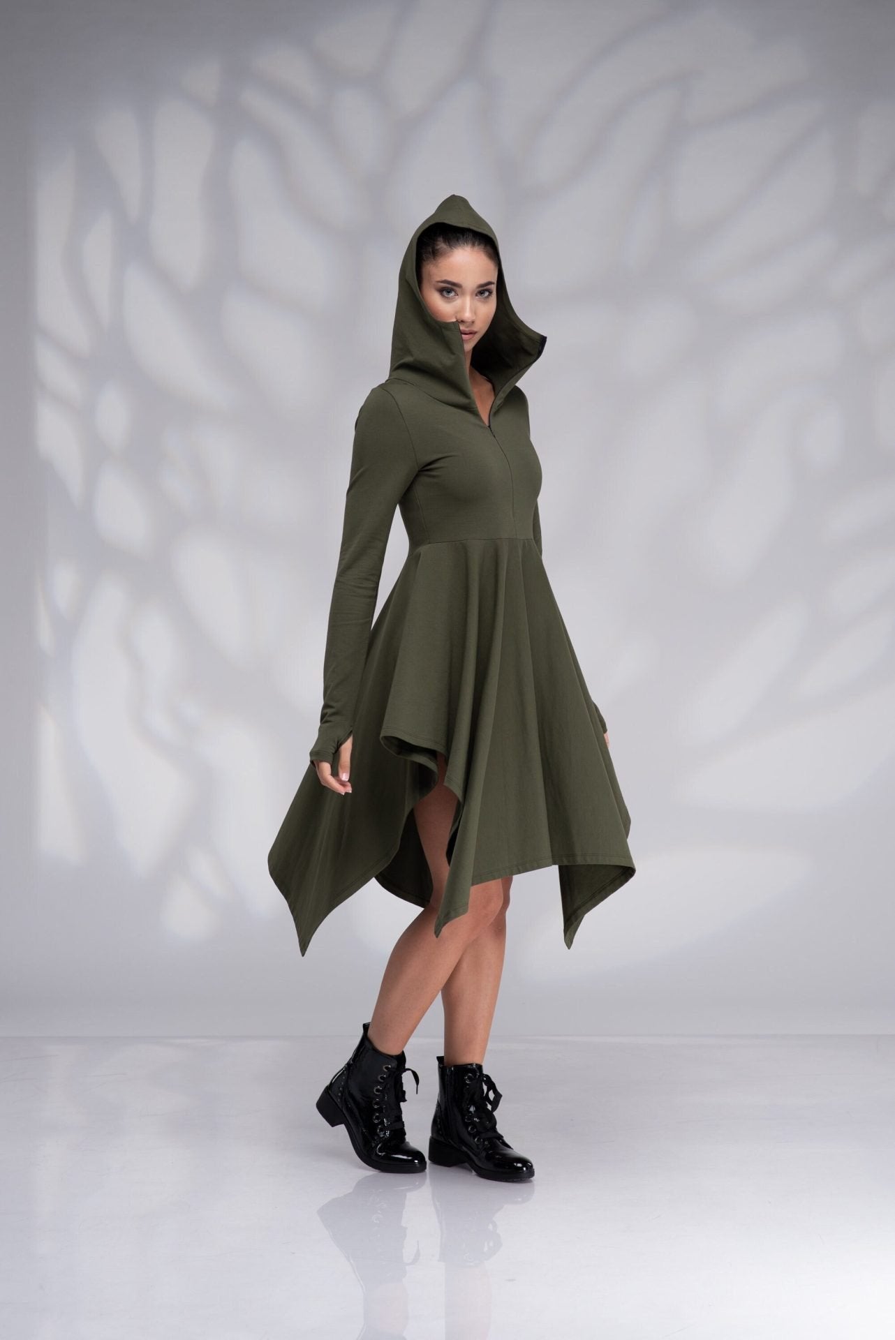 Hooded Winter Asymmetrical Dress with Thumb Holes