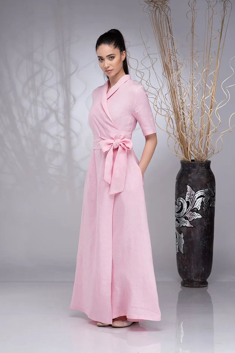 Long Wrap Linen Boho Dress with Shawl Collar and Linen Belt