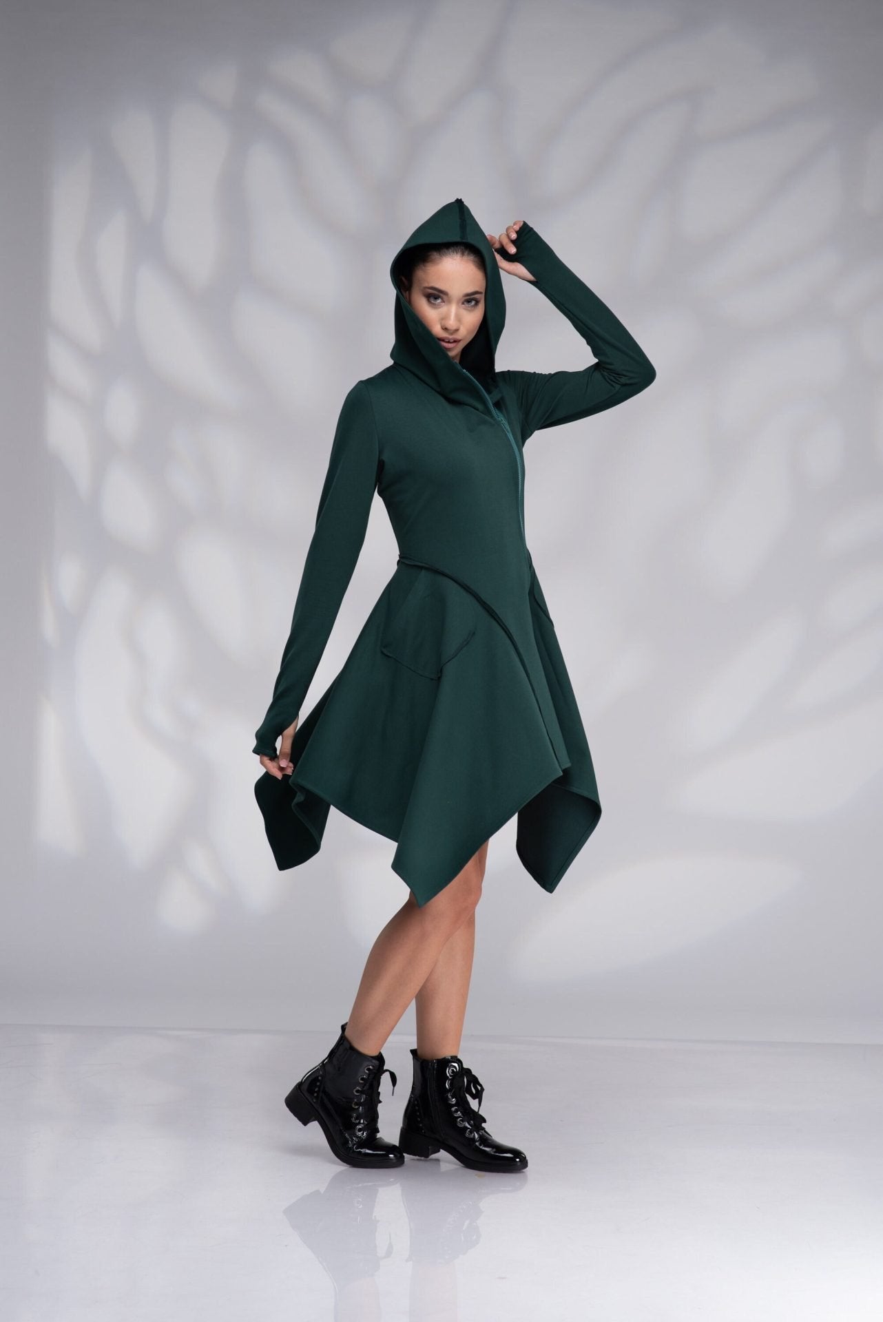 Winter Gothic Asymmetrical Hoodie Dress with Thumb Holes