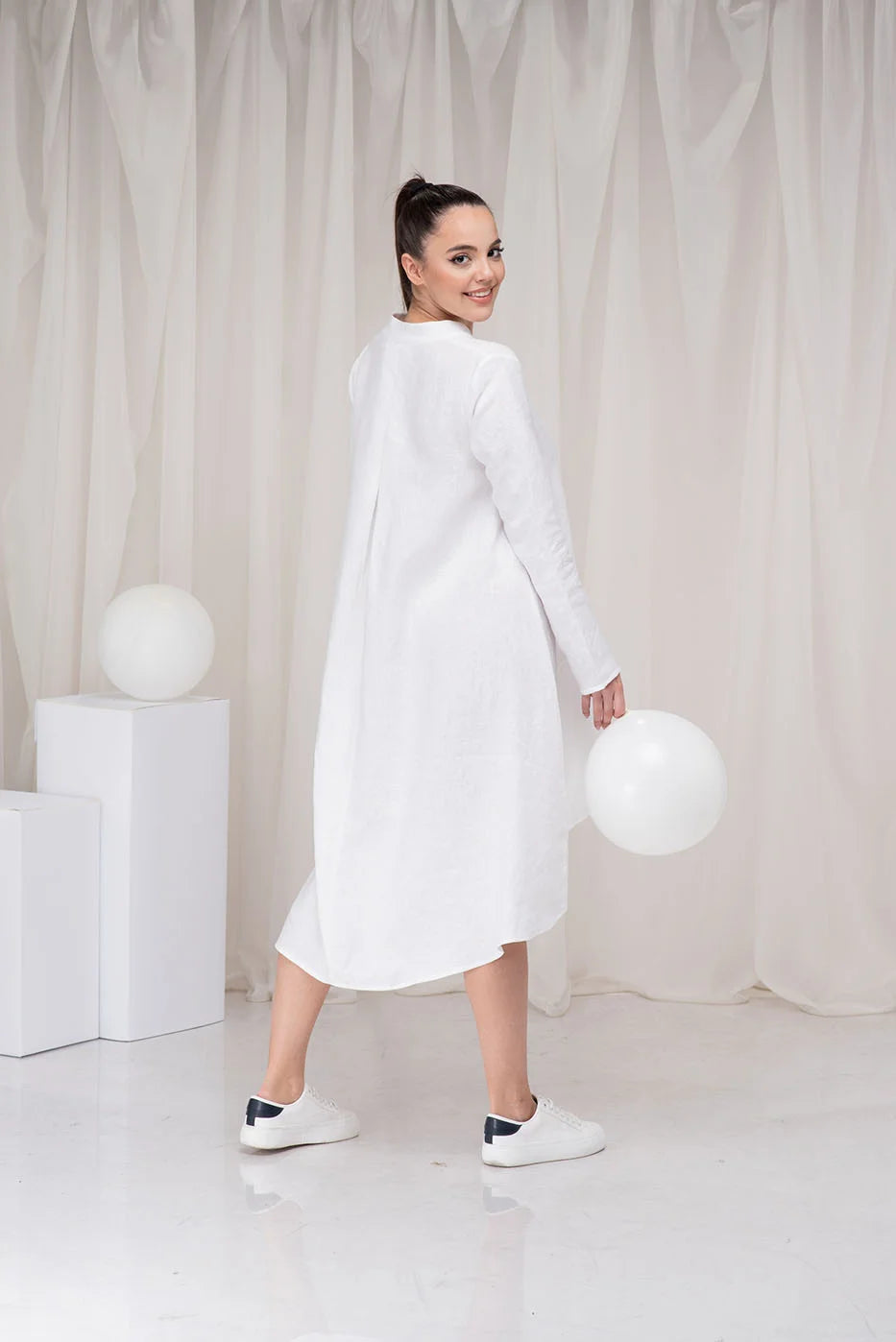 White Loose Flax Linen High Low Dress-Danellys-5.webp
