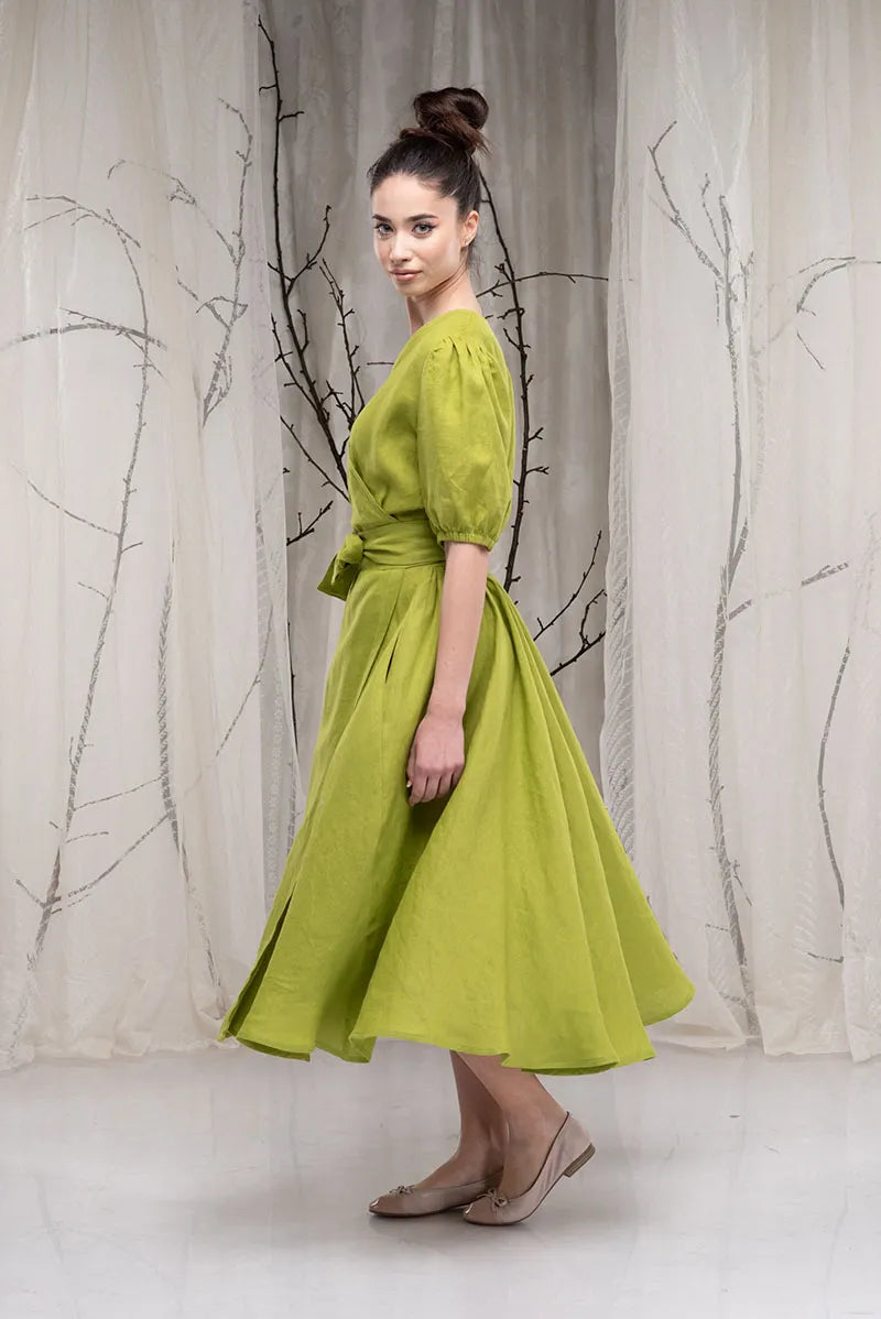 Long Linen Wrap Puffy Sleeve Flare Summer Dress-Danellys-4.webp