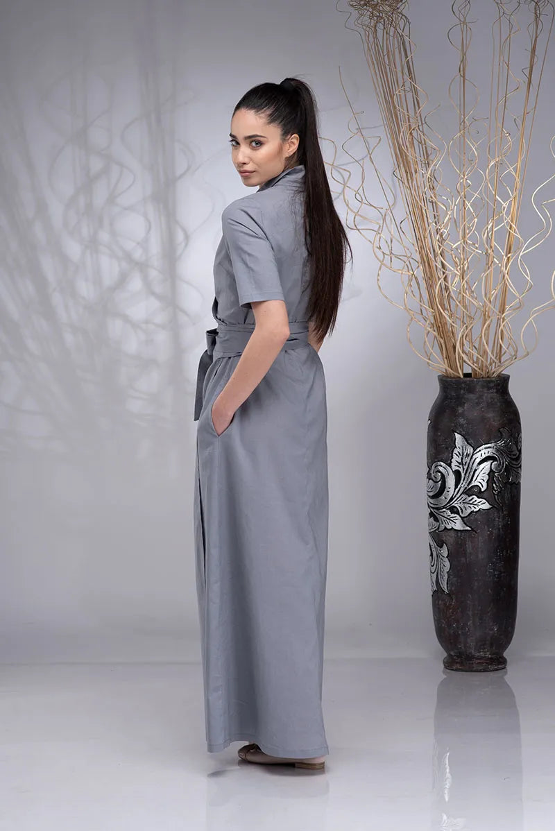 Linen Maxi Wrap Button up Boho Dress with Linen Belt