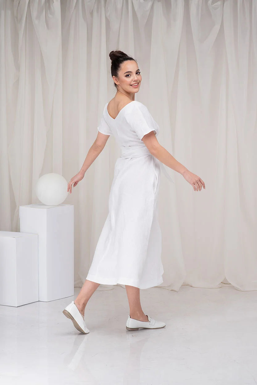 White Linen Midi Summer Wedding Guest Dress with Linen Belt