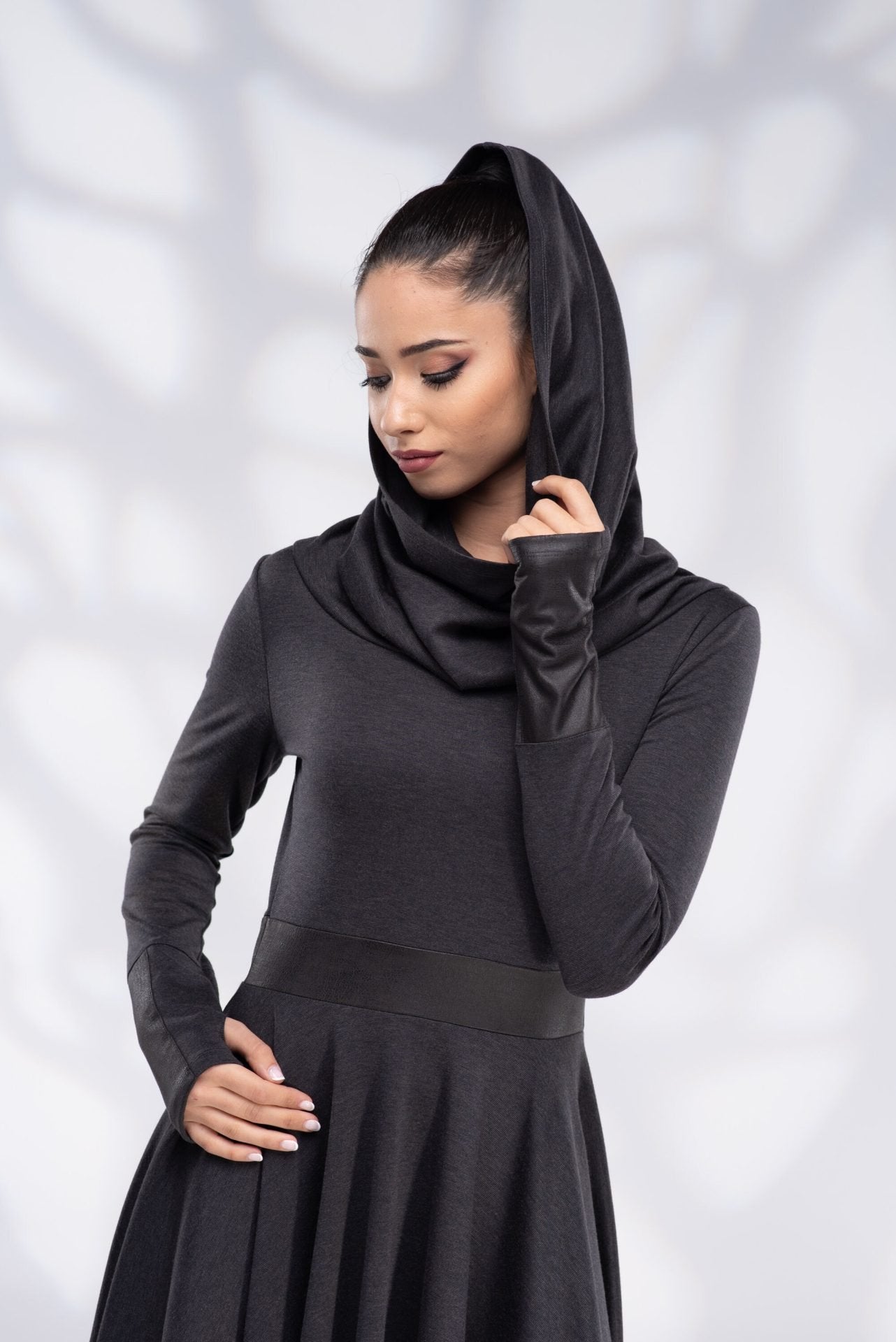 Black Winter Pixie Wool Dress with Cowl Hood