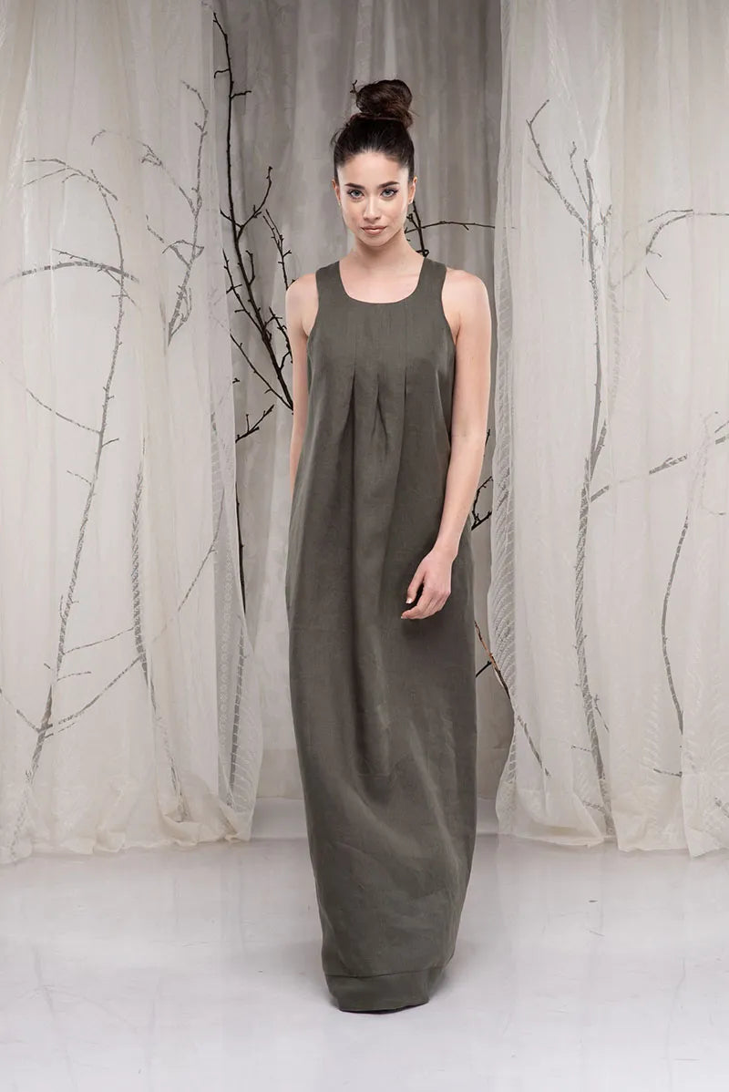 Khaki Linen Minimalist Boho Sleeveless Dress-Danellys-3.webp