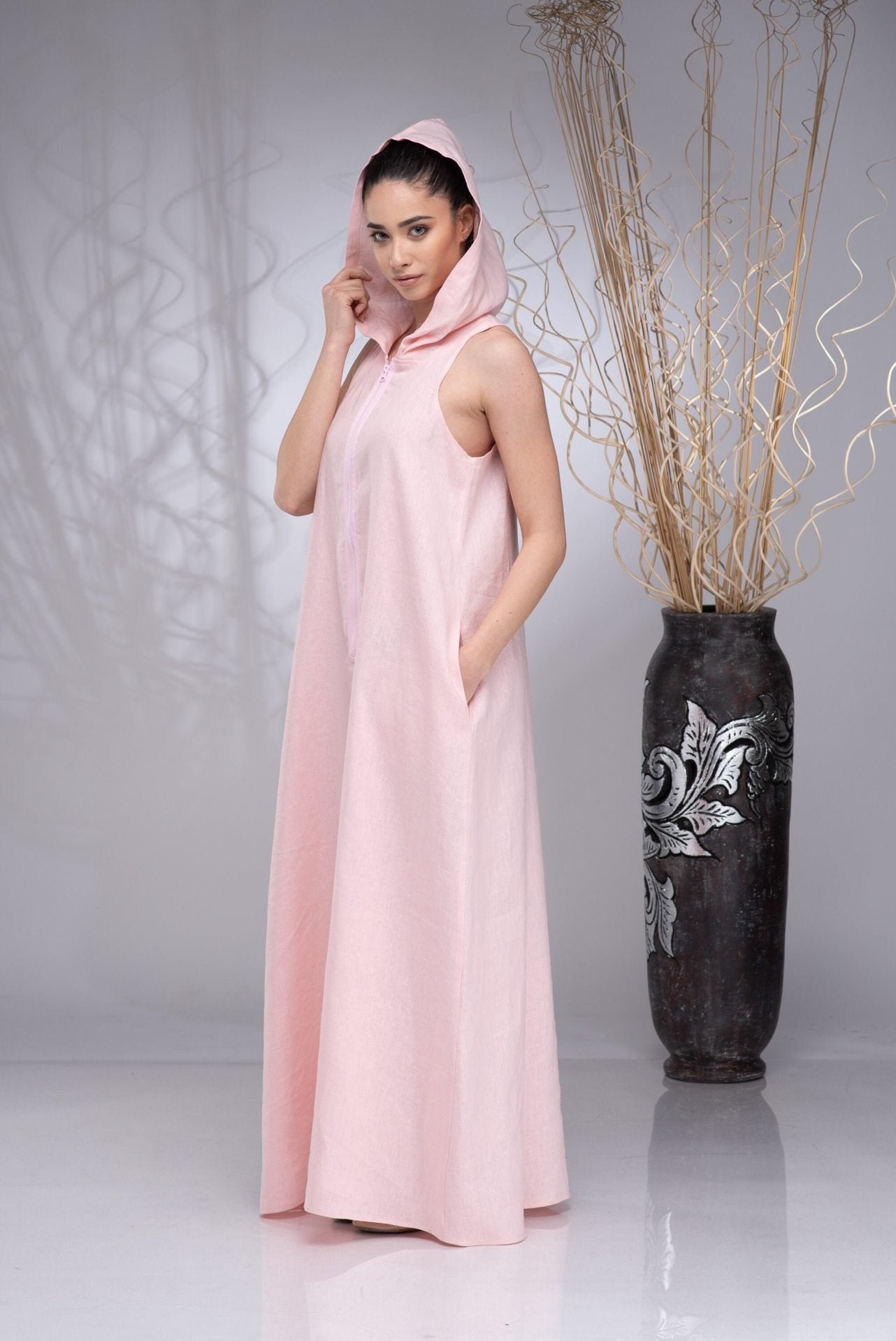 Linen Hooded Maxi Kaftan Plus Size Boho Dress