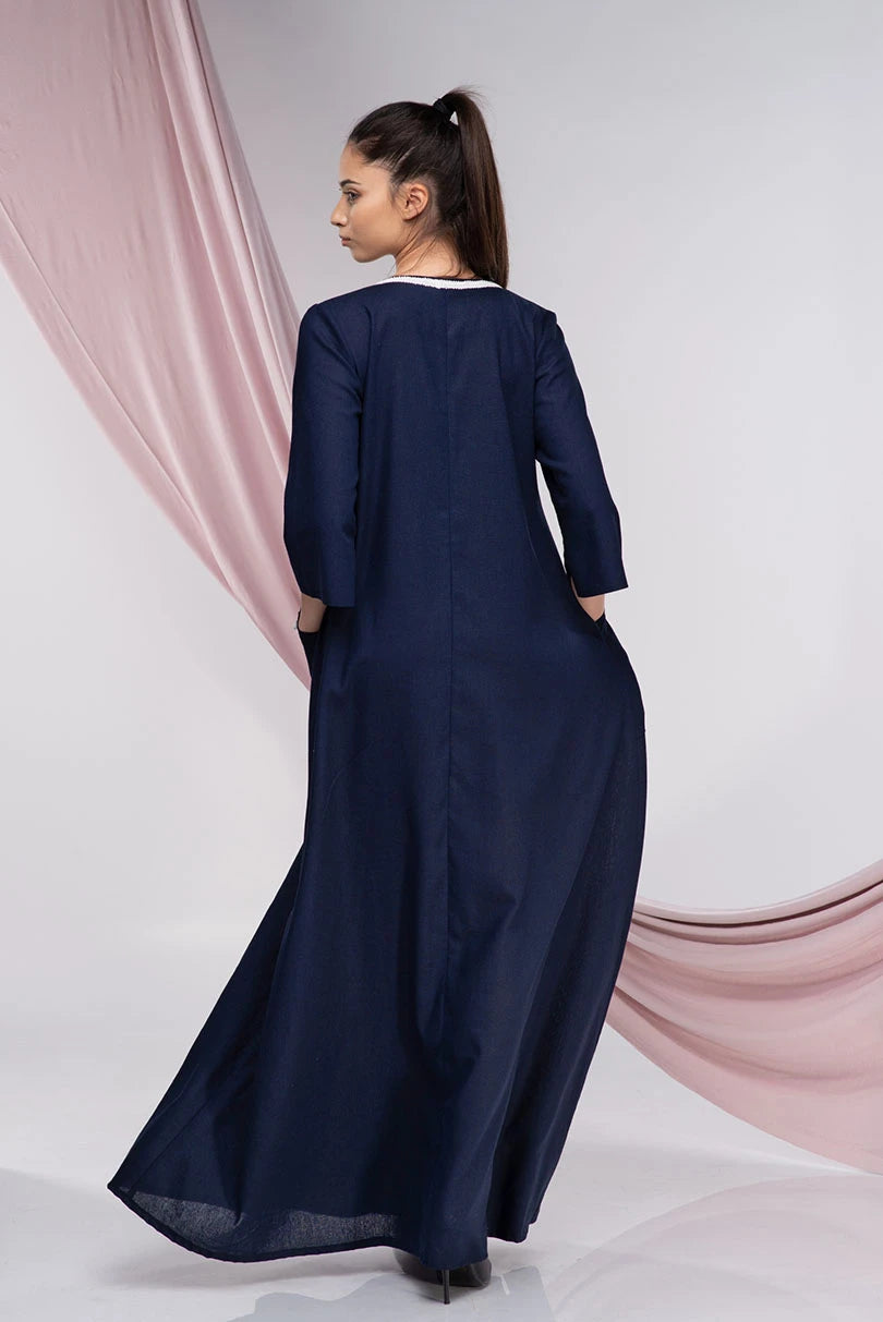 Boho Linen Kaftan Maxi Embroidered Abaya Dress