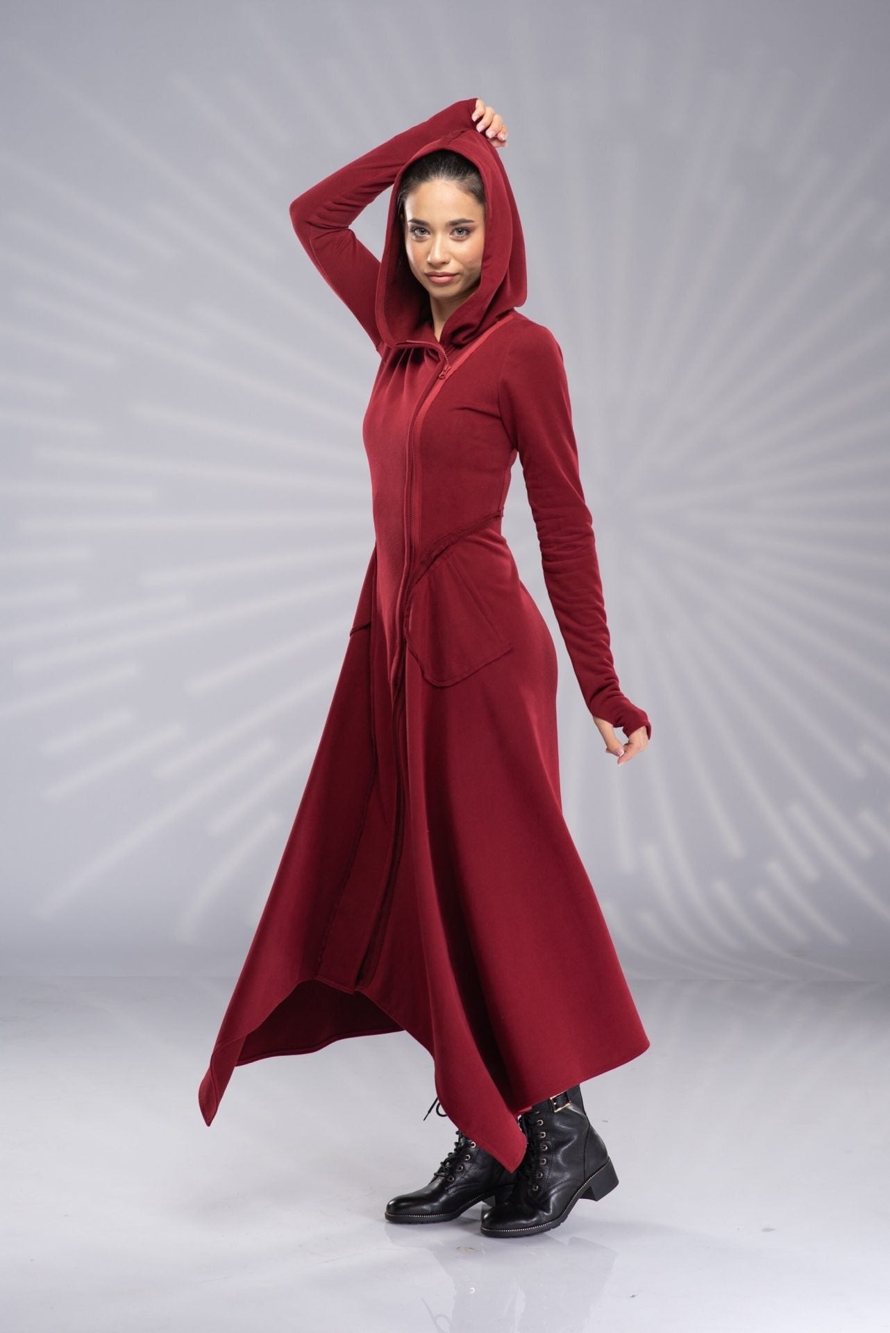 Burgundy Maxi Hoodie Sweatshirt Dress with Pockets