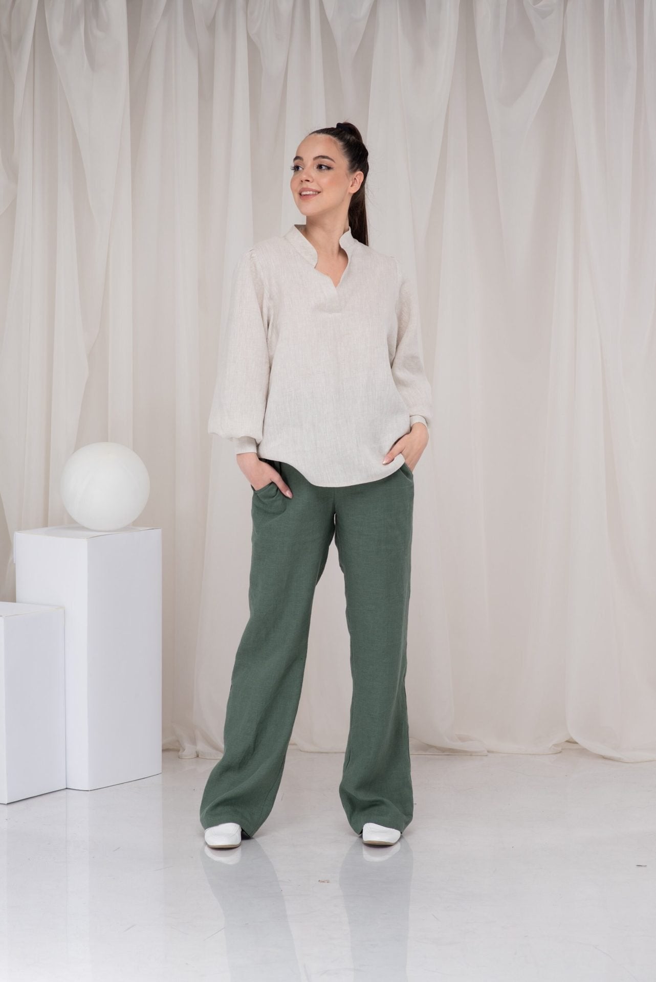 Green Linen Wide Leg Elastic Waist Palazzo Pants with Two Pockets
