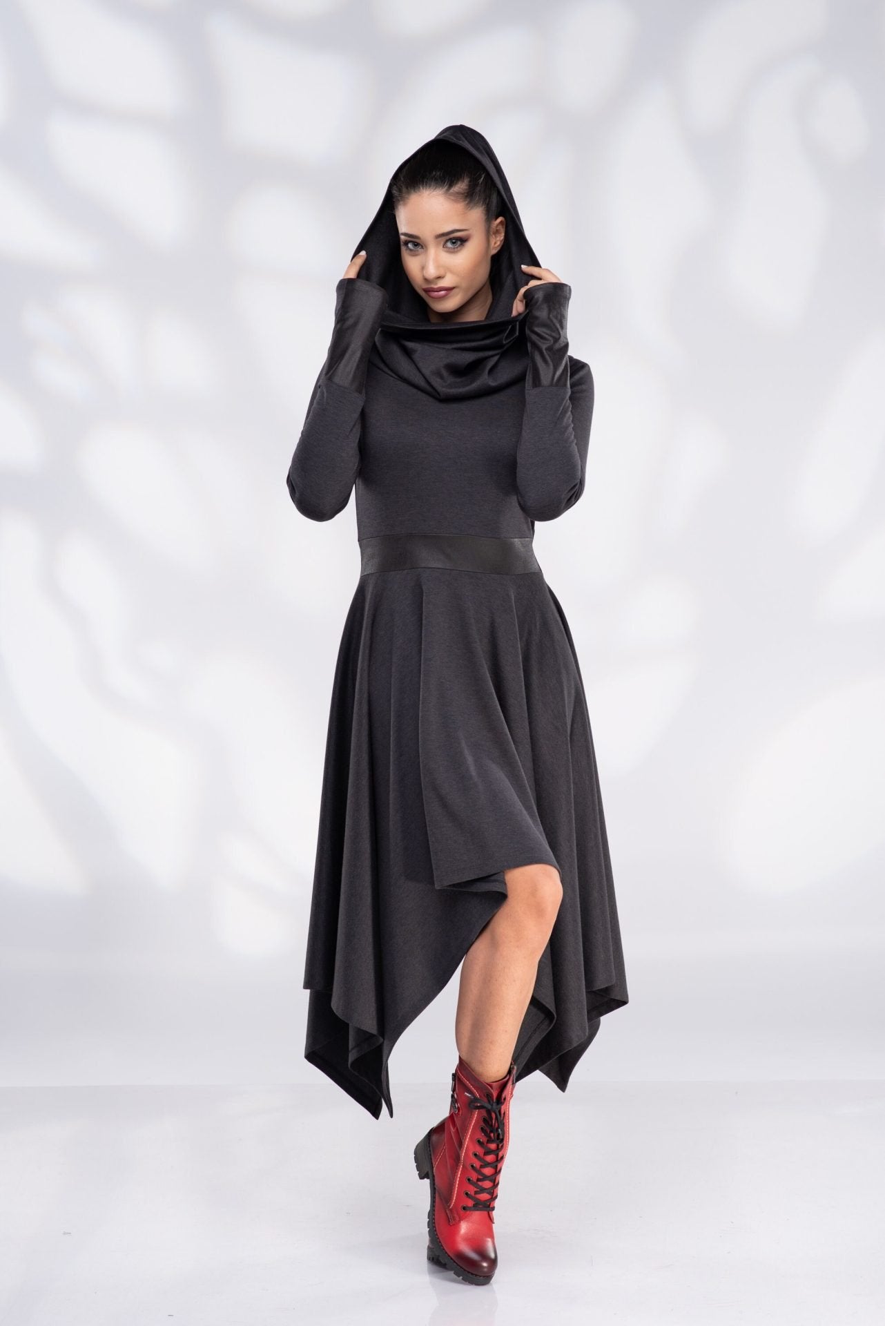 Black Winter Pixie Wool Dress with Cowl Hood