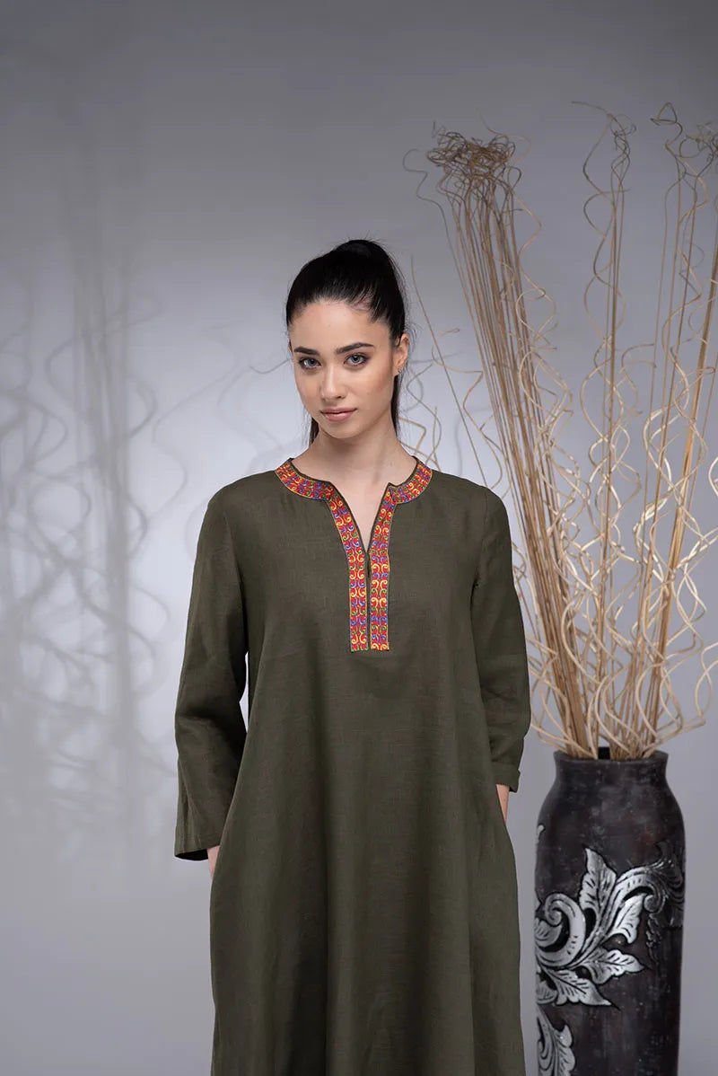 Boho Linen Kaftan Maxi Embroidered Abaya Dress