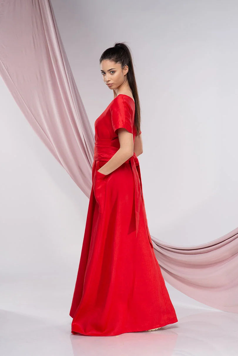 Red Linen Plus Size Cocktail Maxi Dress