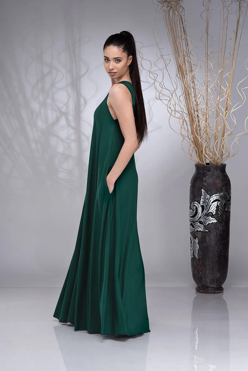 Green Maxi Summer Plus Size Kaftan Boho Dress with Long Sleeveless