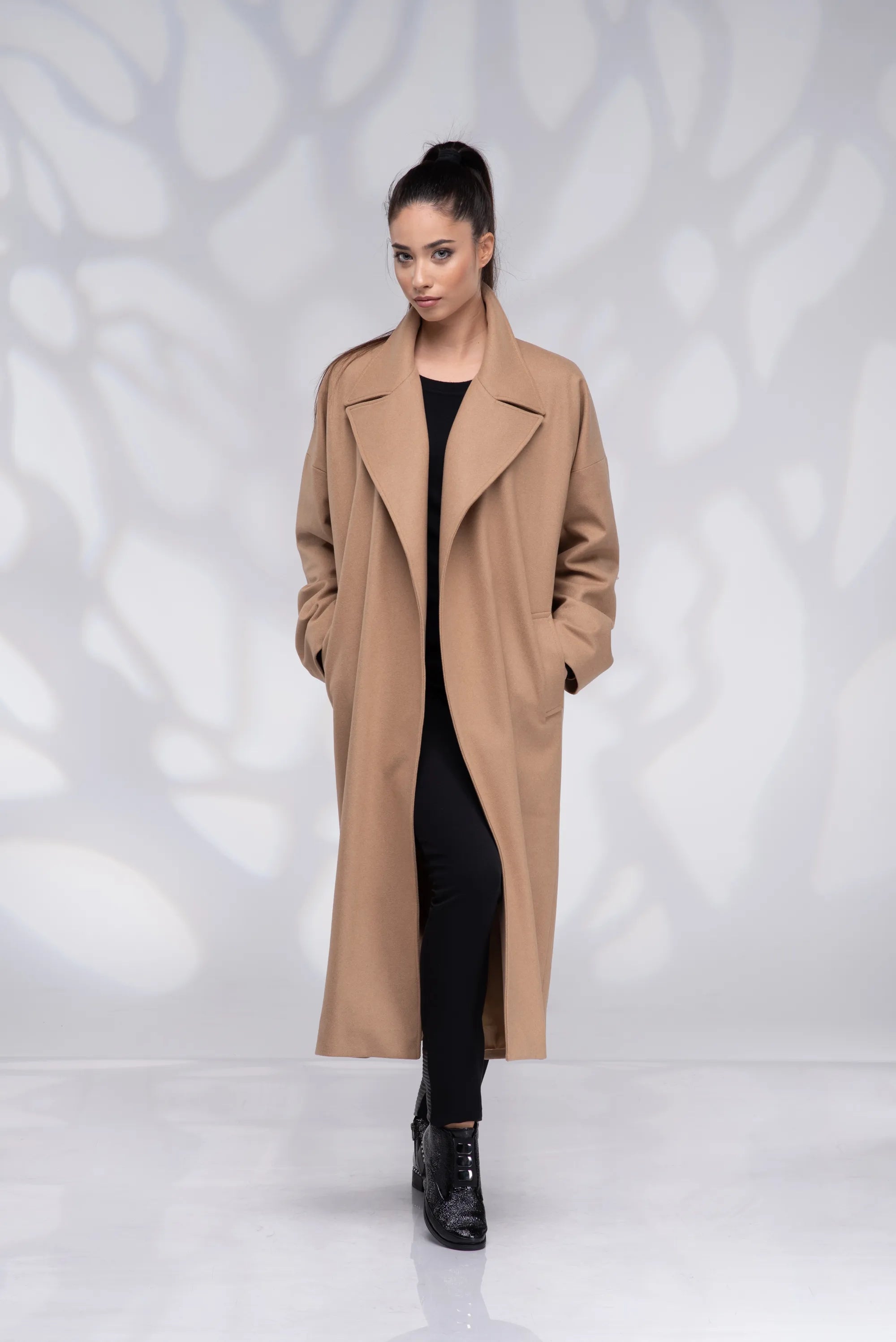 Long Wrap Camel Wool Coat Plus Size with Belt-Danellys.webp