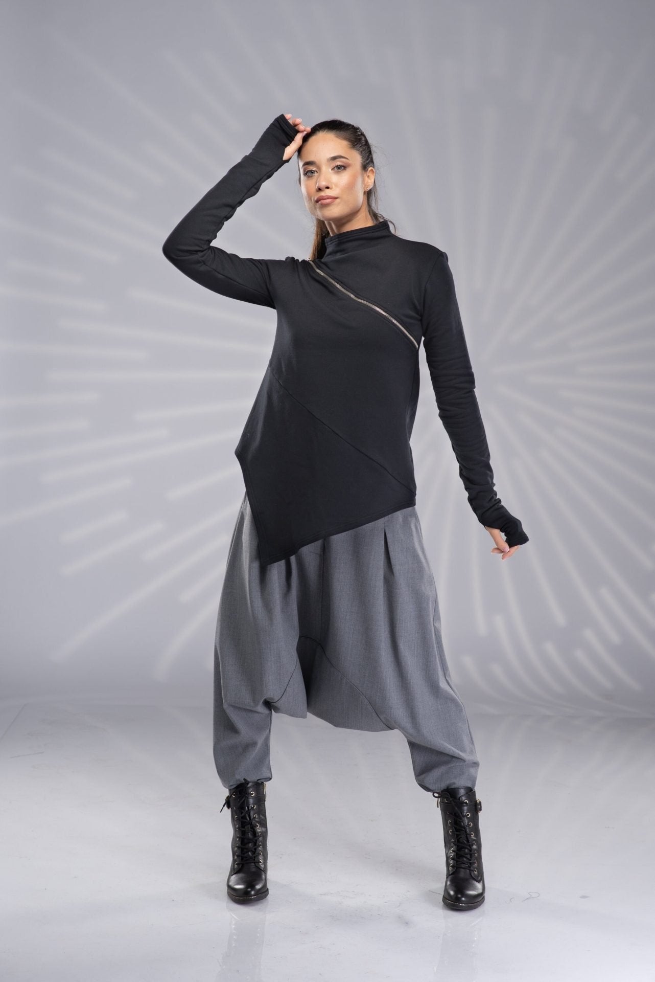 Asymmetrical Black Off Shoulder Fitted Tunic Blouse with Zipper and Thumb Holes