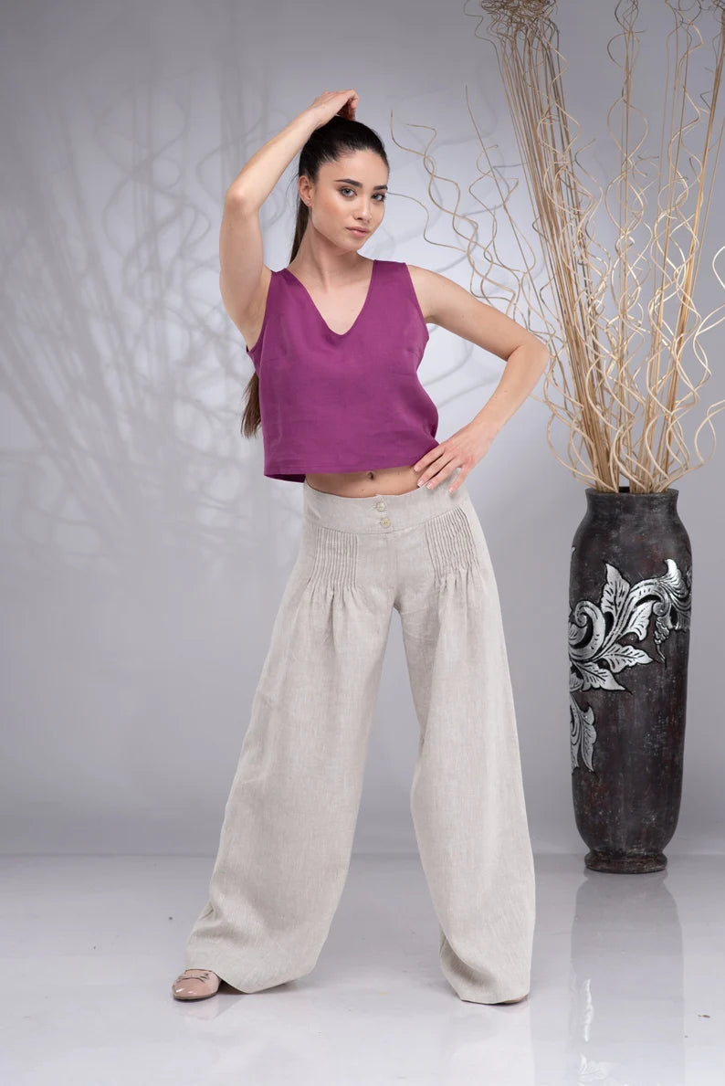 Linen Wide Leg Palazzo Summer Trousers-Danellys.webp