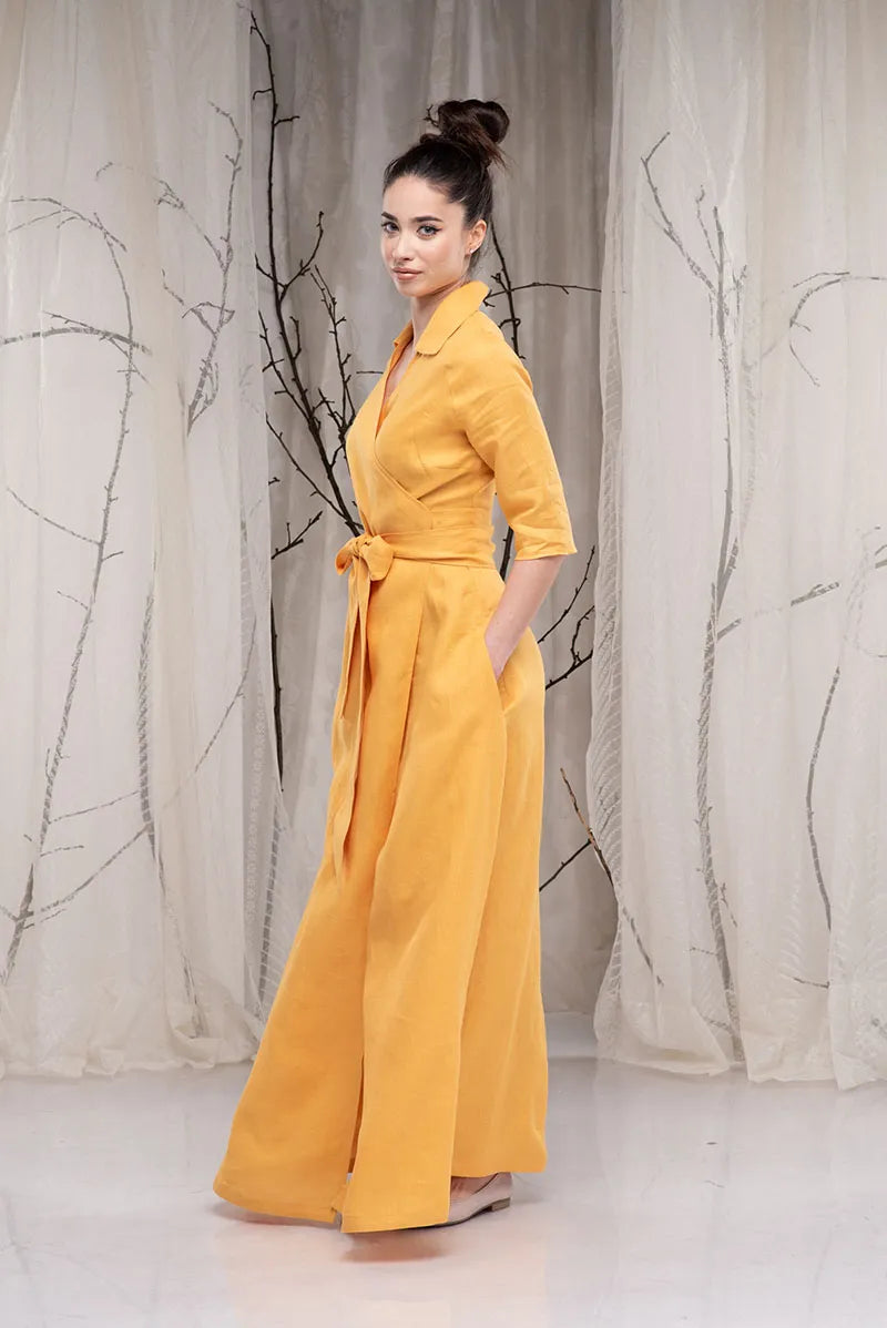 Yellow Linen Maxi Dress with Collar
