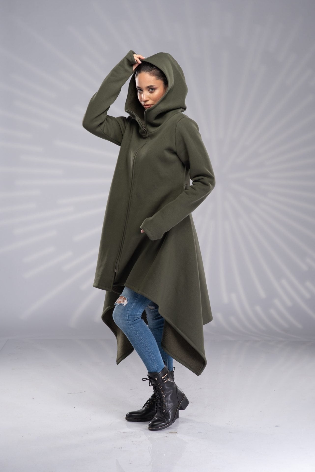 Maxi Asymmetrical Hoodie Cowl Neck Cotton Coat with Zipper