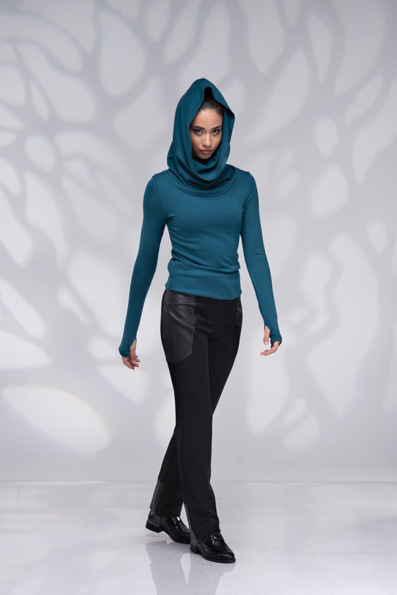 Cowl Hooded Teal Blue Winter Sweater