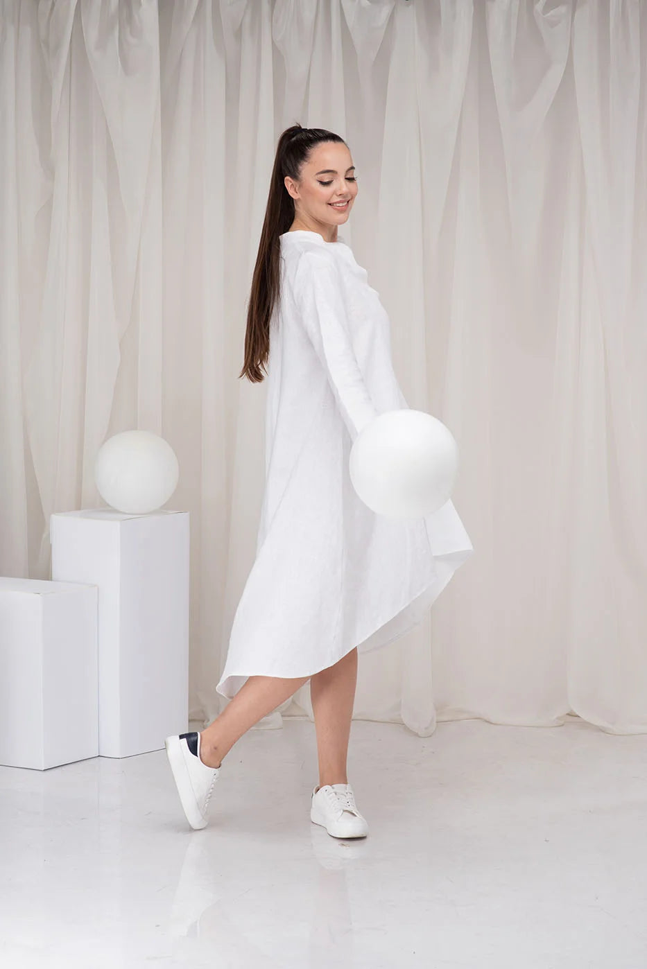 White Loose Flax Linen High Low Dress-Danellys-4.webp