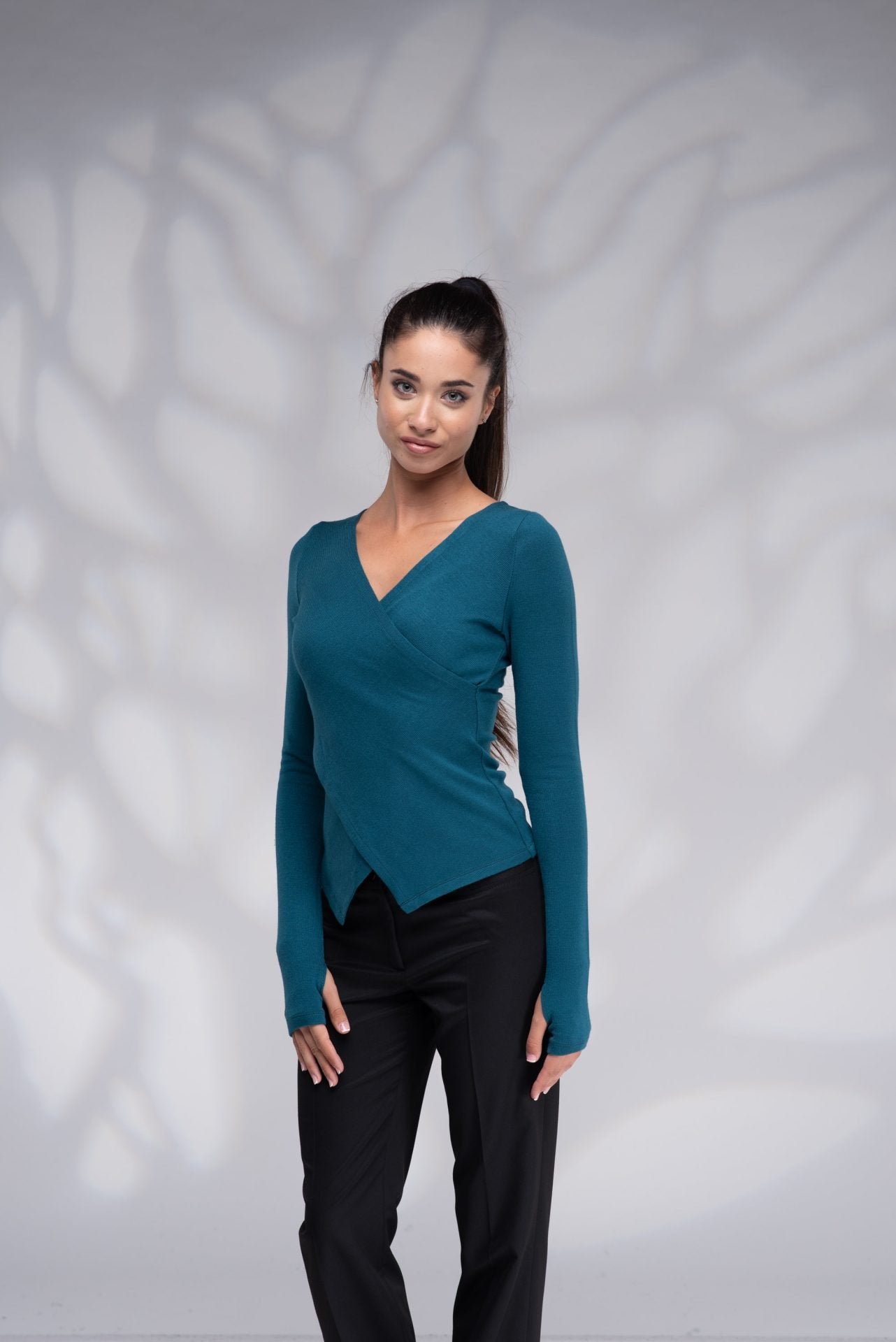 Wool Fitted Wrap Teal Blue Sweater with Thumb Holes